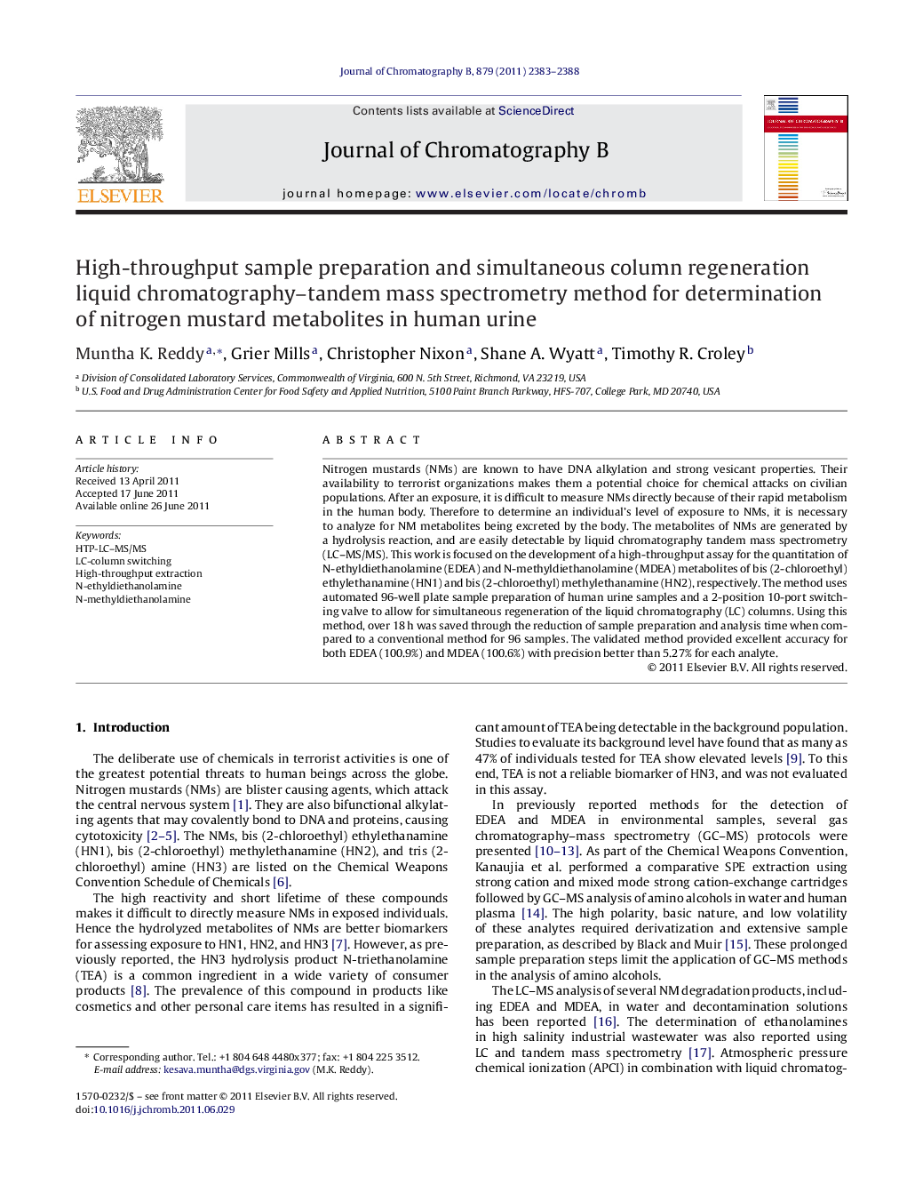 عکس صفحه اول مقاله: High-throughput sample preparation and simultaneous column regeneration liquid chromatography–tandem mass spectrometry method for determination of nitrogen mustard metabolites in human urine High-throughput sample preparation and simultaneous column regeneration liquid chromatography–tandem mass spectrometry method for determination of nitrogen mustard metabolites in human urine