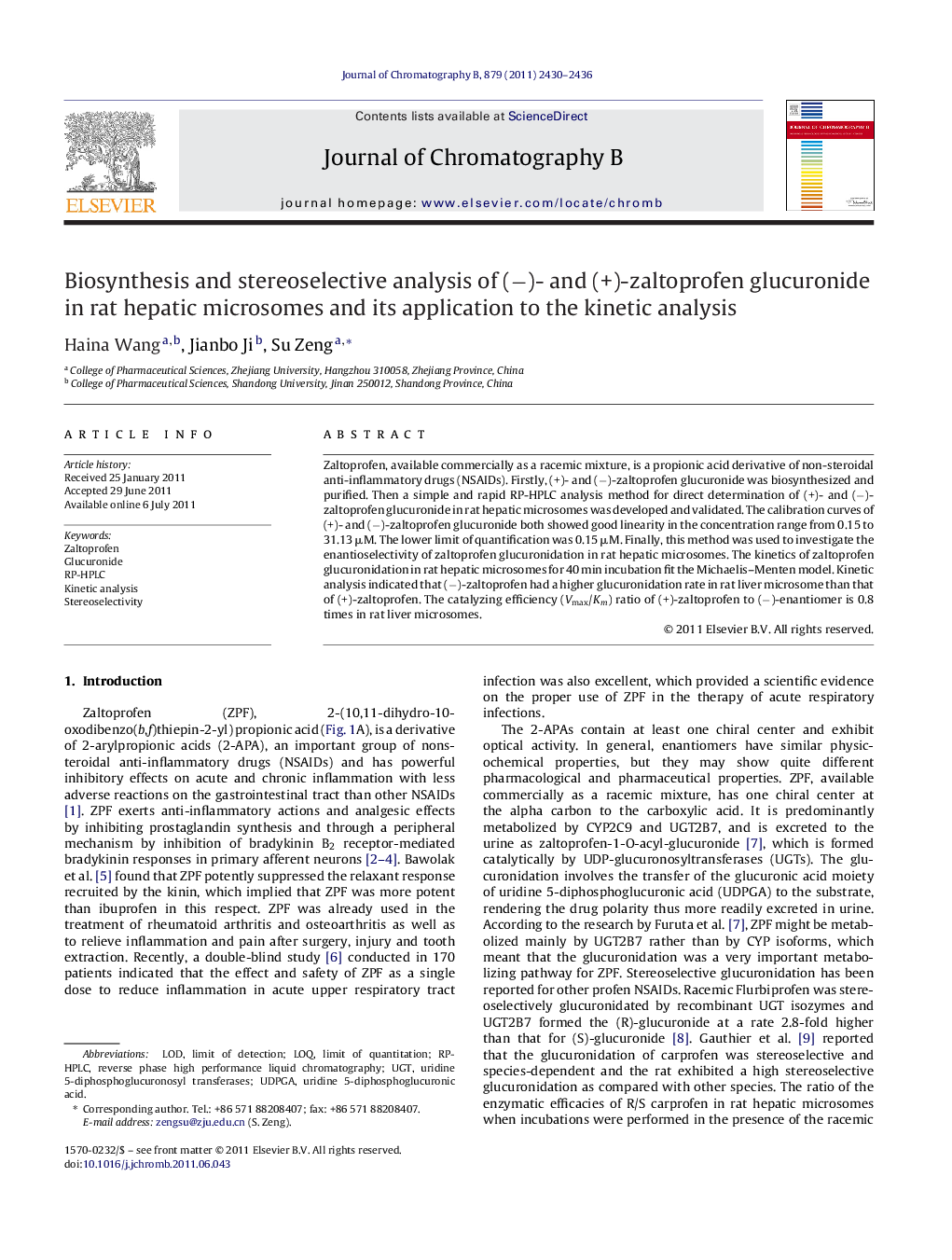 Biosynthesis and stereoselective analysis of (−)- and (+)-zaltoprofen glucuronide in rat hepatic microsomes and its application to the kinetic analysis