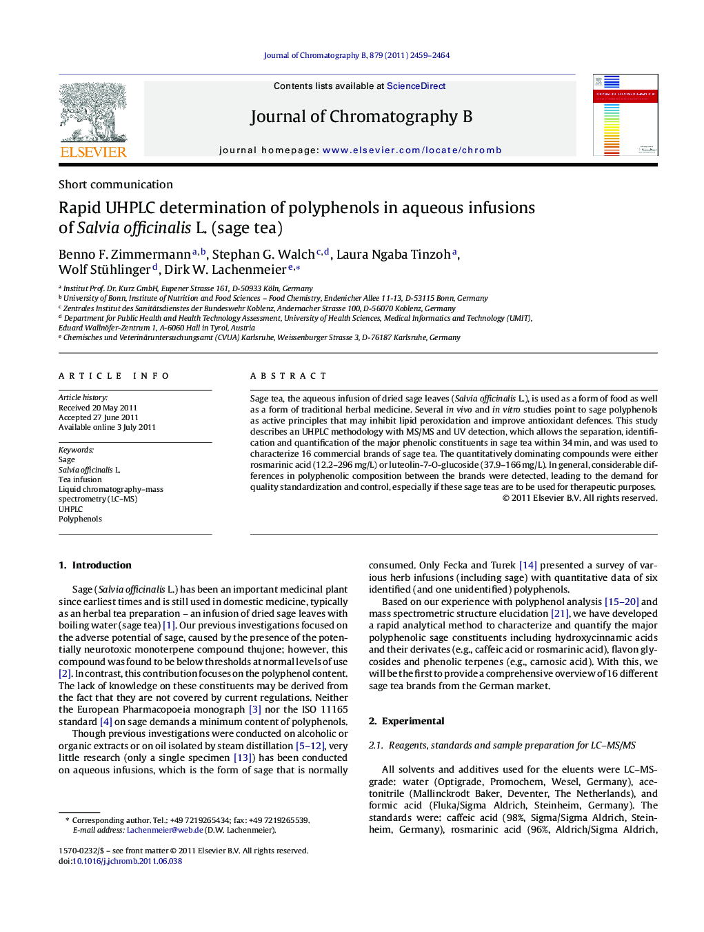 Rapid UHPLC determination of polyphenols in aqueous infusions of Salvia officinalis L. (sage tea)