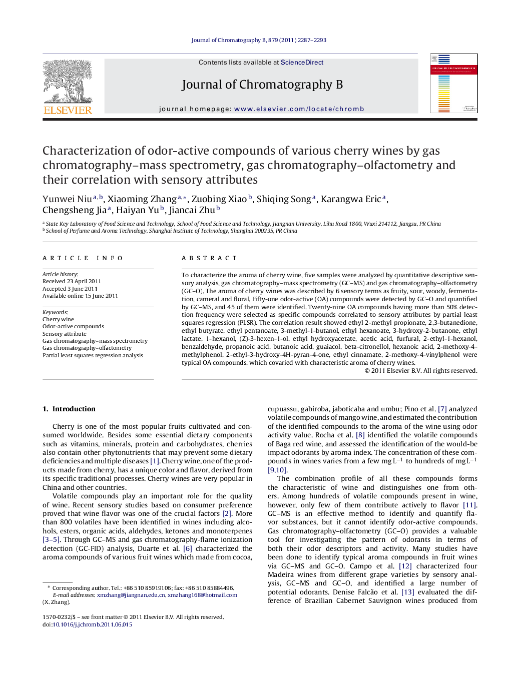 Characterization of odor-active compounds of various cherry wines by gas chromatography–mass spectrometry, gas chromatography–olfactometry and their correlation with sensory attributes