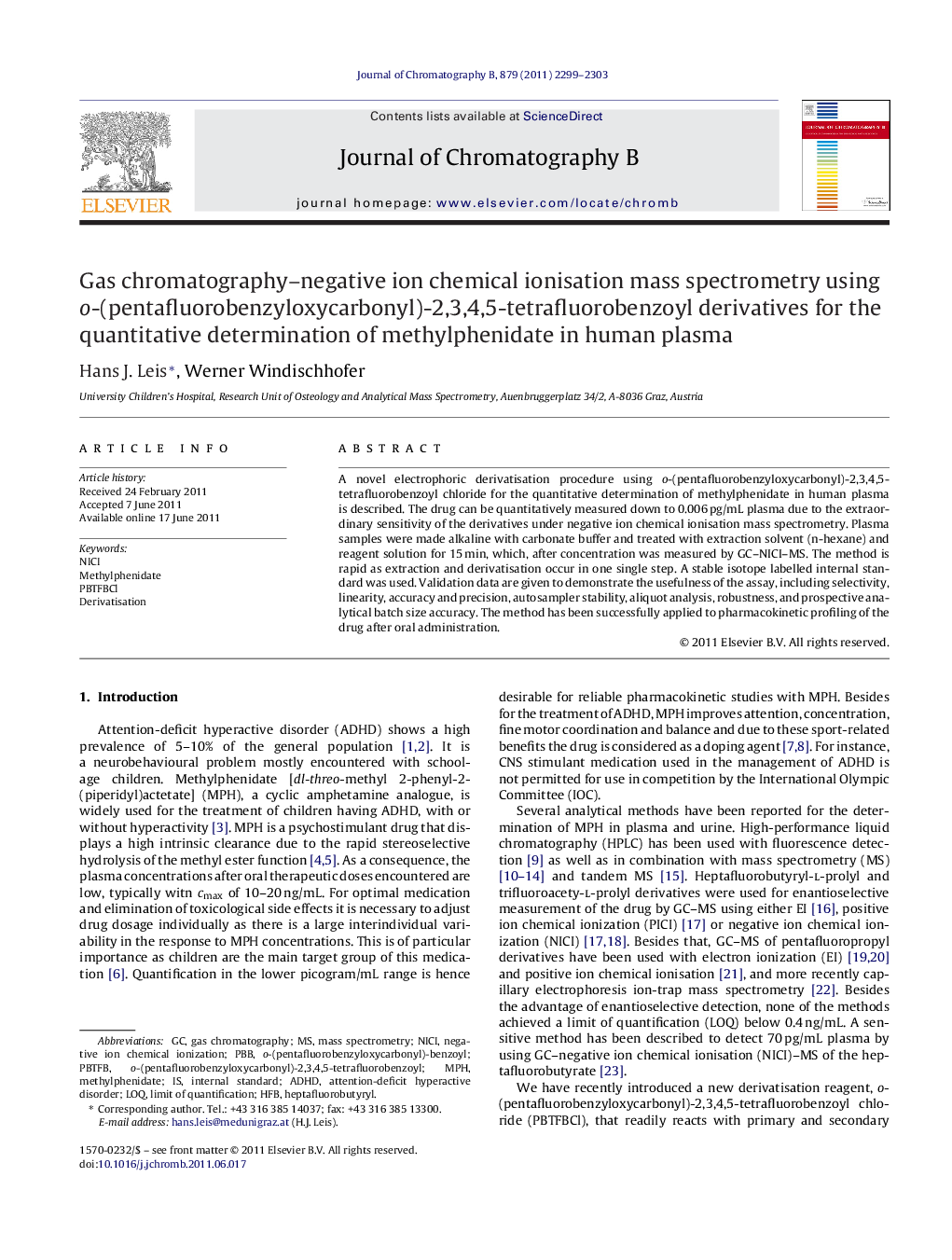 Gas chromatography–negative ion chemical ionisation mass spectrometry using o-(pentafluorobenzyloxycarbonyl)-2,3,4,5-tetrafluorobenzoyl derivatives for the quantitative determination of methylphenidate in human plasma
