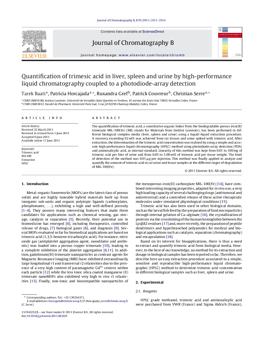 Quantification of trimesic acid in liver, spleen and urine by high-performance liquid chromatography coupled to a photodiode-array detection