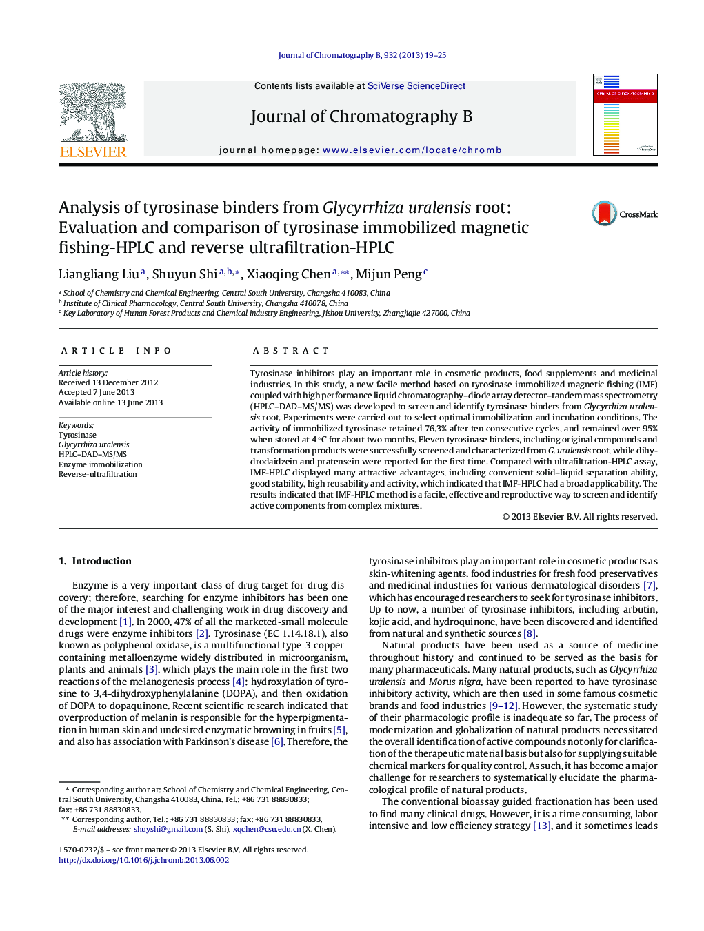 Analysis of tyrosinase binders from Glycyrrhiza uralensis root: Evaluation and comparison of tyrosinase immobilized magnetic fishing-HPLC and reverse ultrafiltration-HPLC