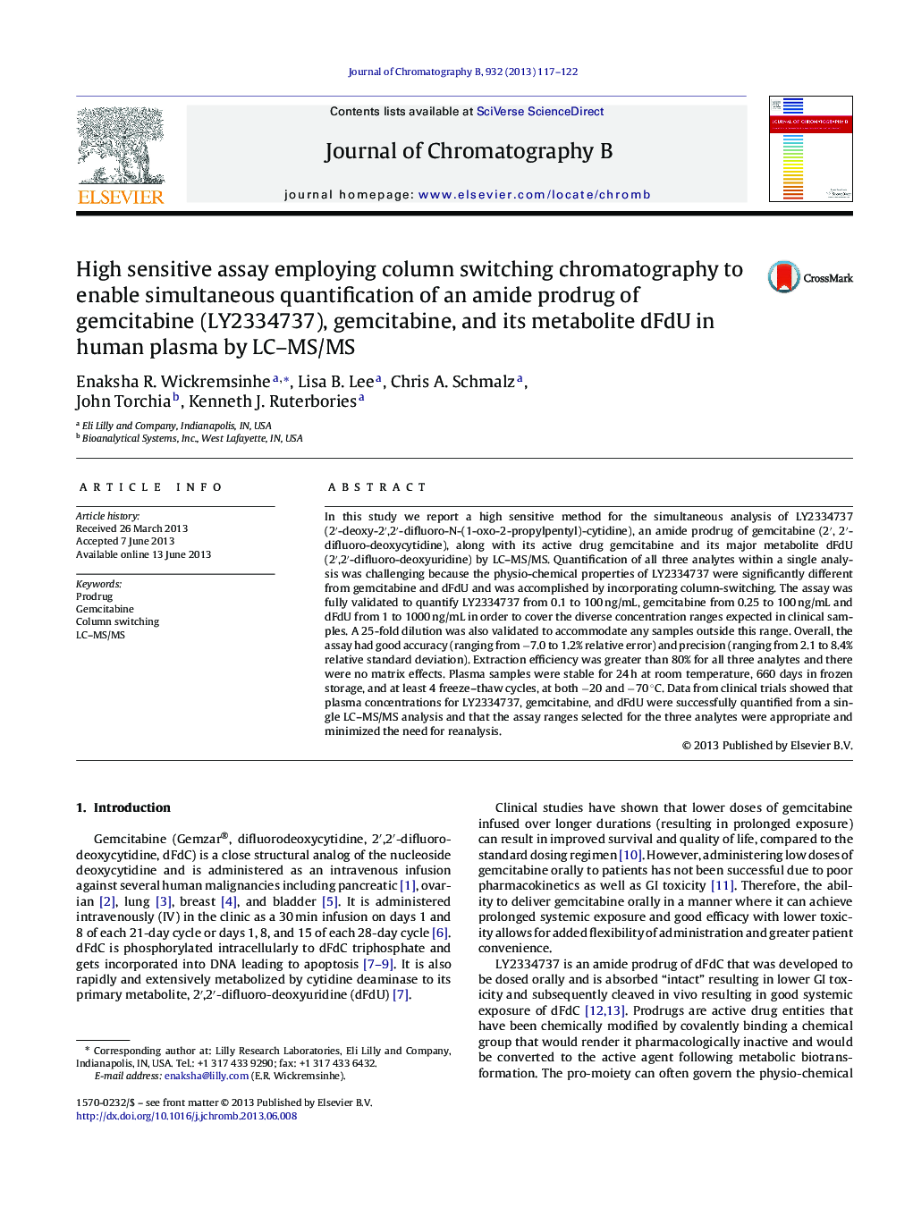 High sensitive assay employing column switching chromatography to enable simultaneous quantification of an amide prodrug of gemcitabine (LY2334737), gemcitabine, and its metabolite dFdU in human plasma by LC–MS/MS