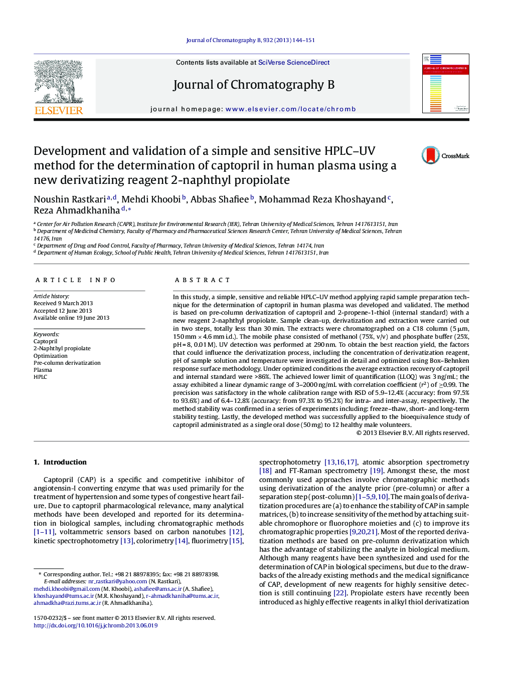 Development and validation of a simple and sensitive HPLC–UV method for the determination of captopril in human plasma using a new derivatizing reagent 2-naphthyl propiolate