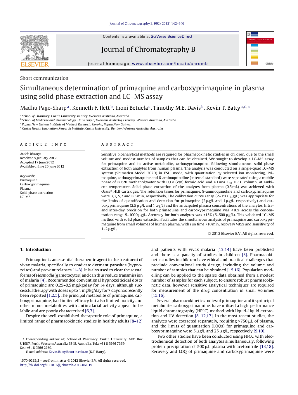 Simultaneous determination of primaquine and carboxyprimaquine in plasma using solid phase extraction and LC–MS assay