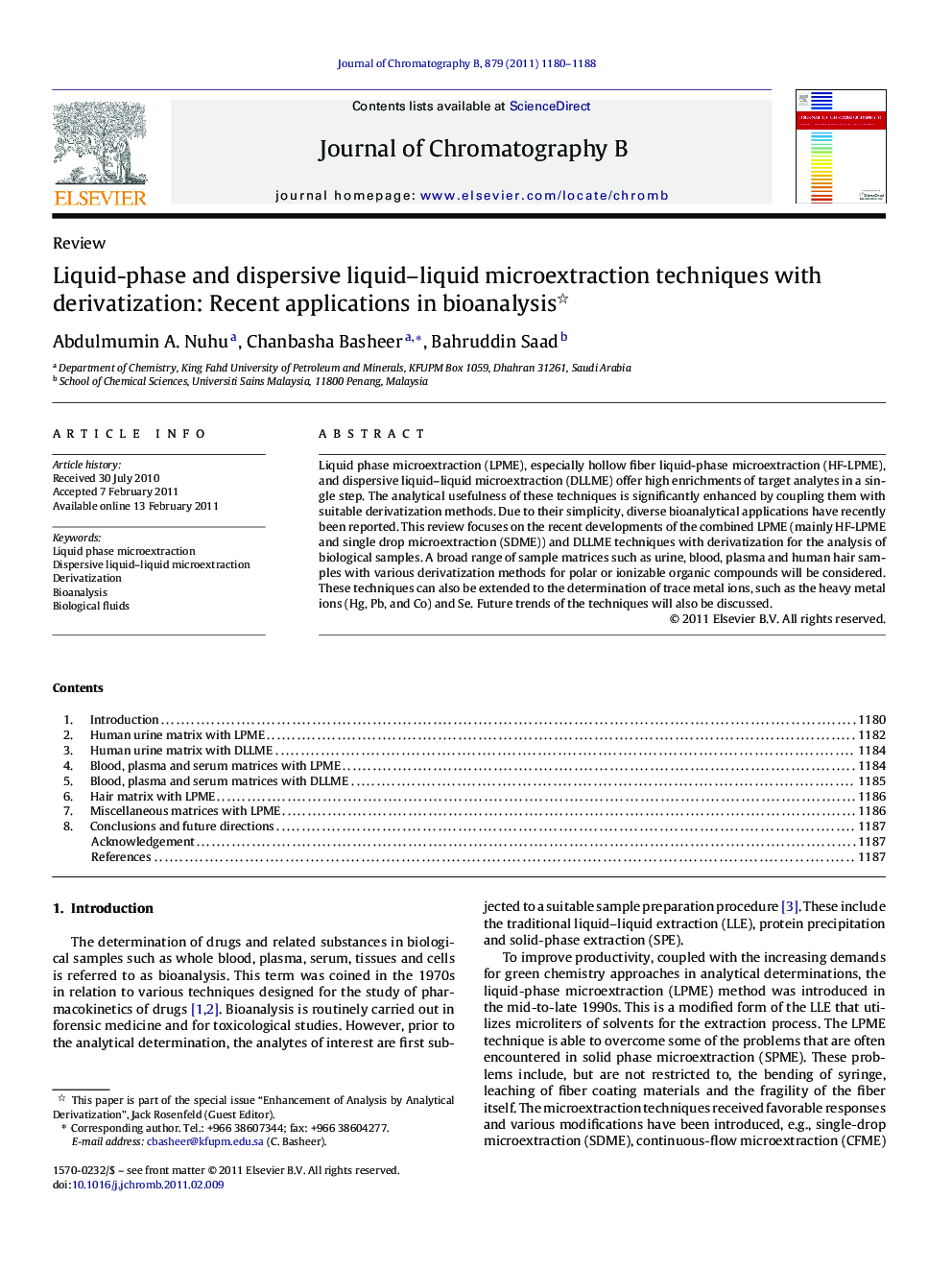عکس صفحه اول مقاله: Liquid-phase and dispersive liquid–liquid microextraction techniques with derivatization: Recent applications in bioanalysis Liquid-phase and dispersive liquid–liquid microextraction techniques with derivatization: Recent applications in bioanalysis