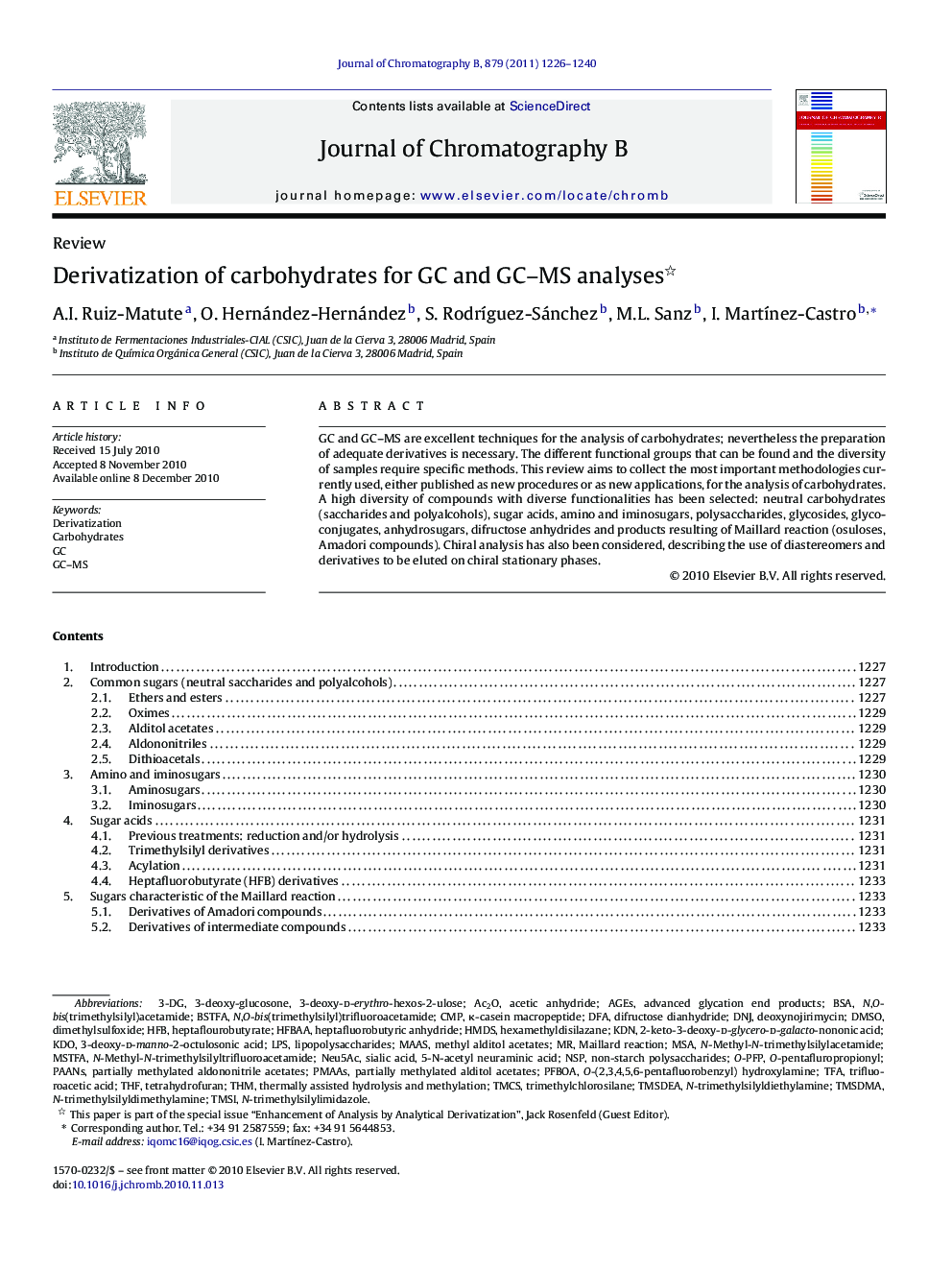 Derivatization of carbohydrates for GC and GC–MS analyses 
