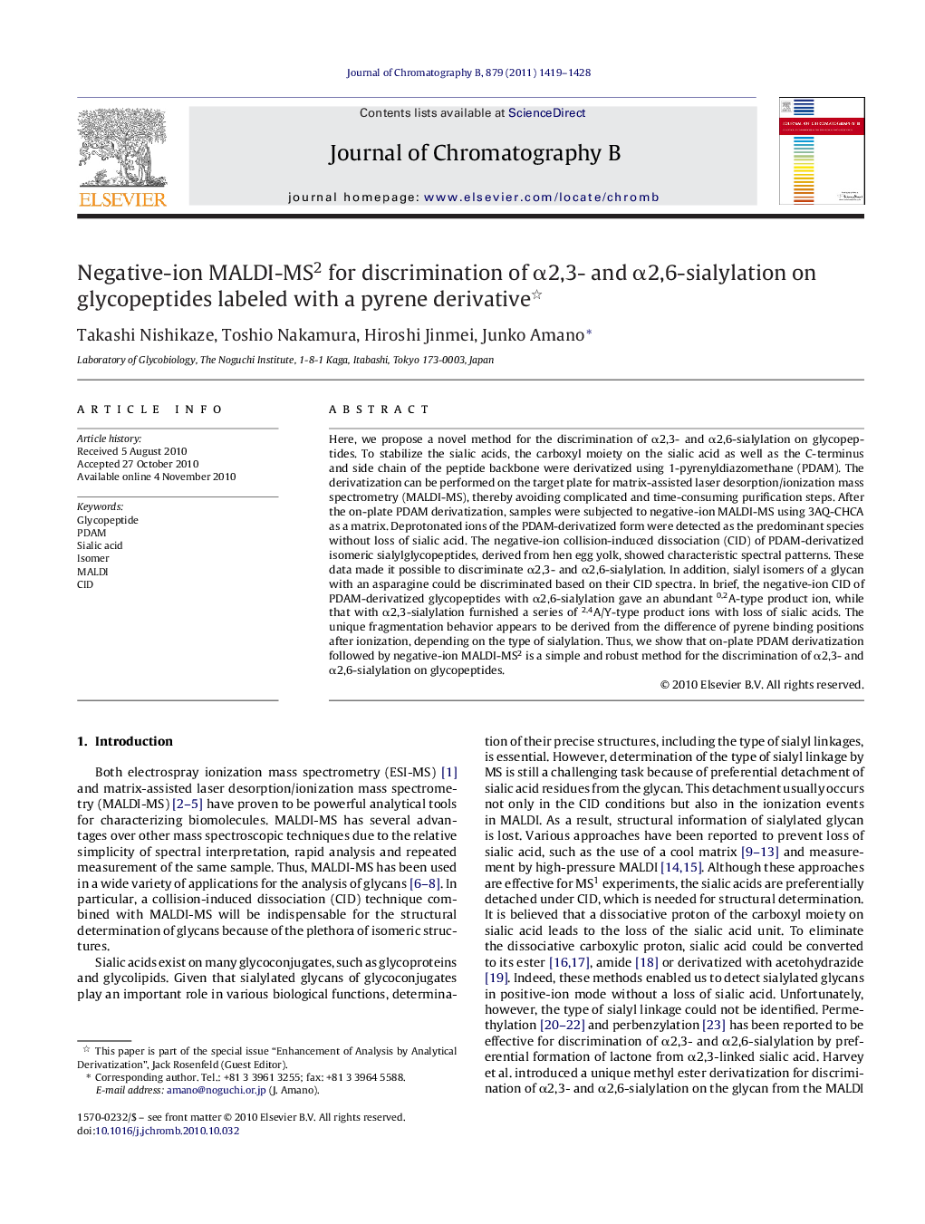 Negative-ion MALDI-MS2 for discrimination of α2,3- and α2,6-sialylation on glycopeptides labeled with a pyrene derivative 