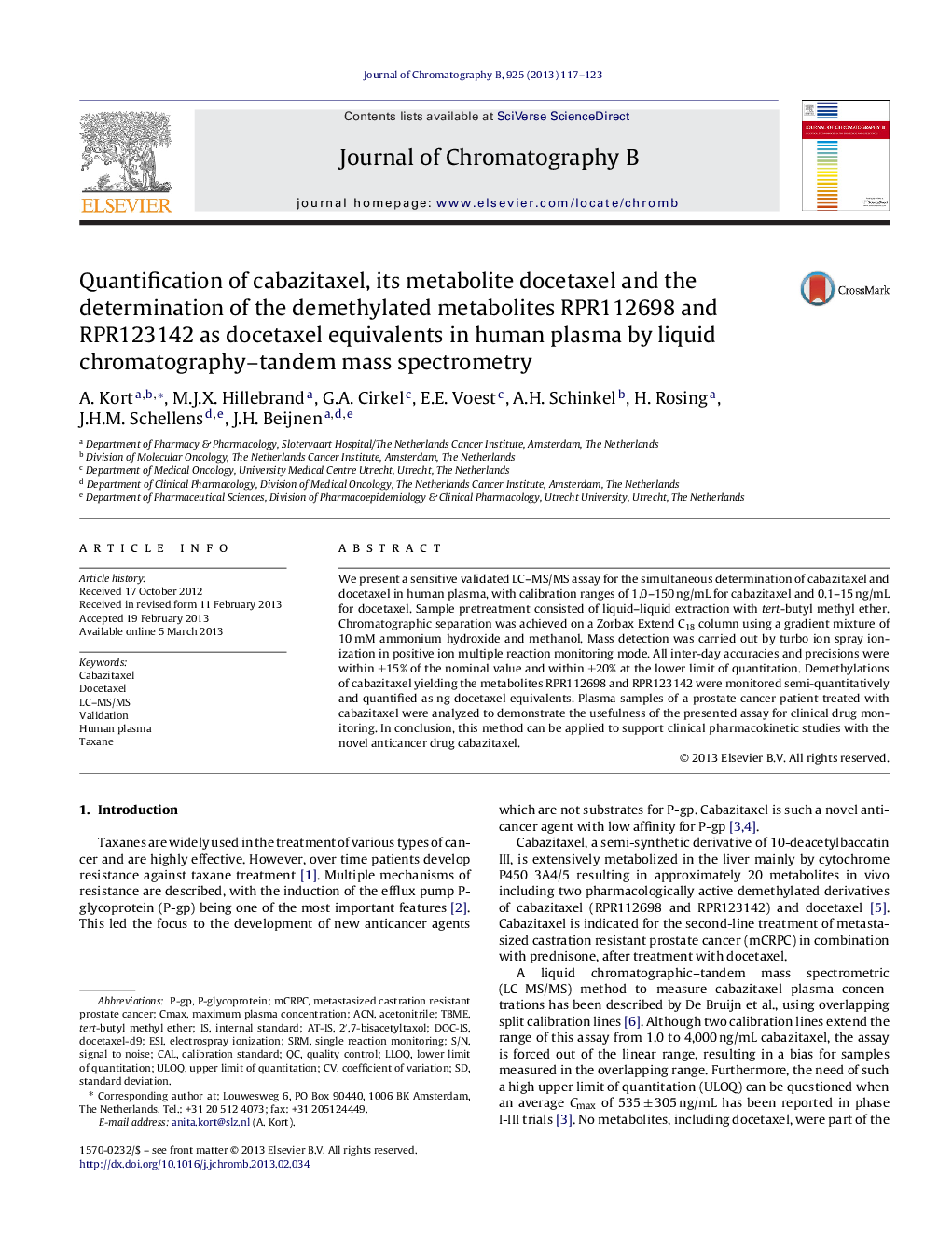 Quantification of cabazitaxel, its metabolite docetaxel and the determination of the demethylated metabolites RPR112698 and RPR123142 as docetaxel equivalents in human plasma by liquid chromatography–tandem mass spectrometry