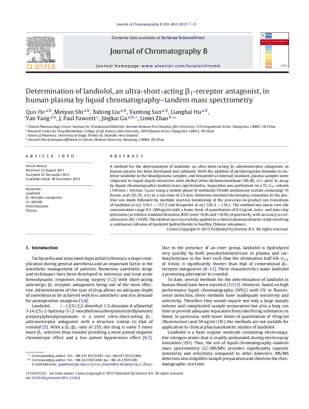 Determination of landiolol, an ultra-short-acting β1-receptor antagonist, in human plasma by liquid chromatography–tandem mass spectrometry