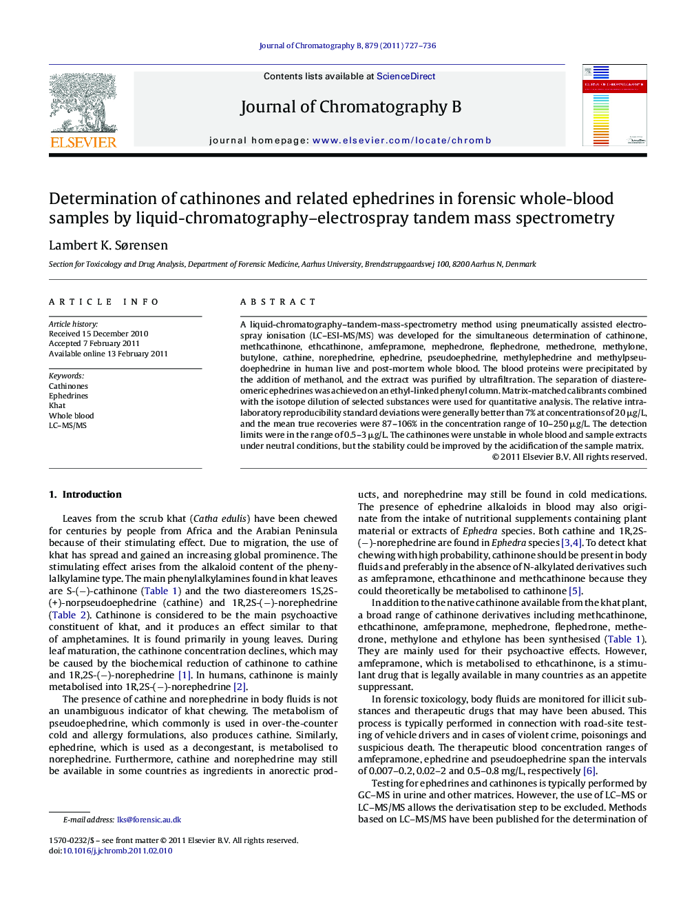 Determination of cathinones and related ephedrines in forensic whole-blood samples by liquid-chromatography–electrospray tandem mass spectrometry