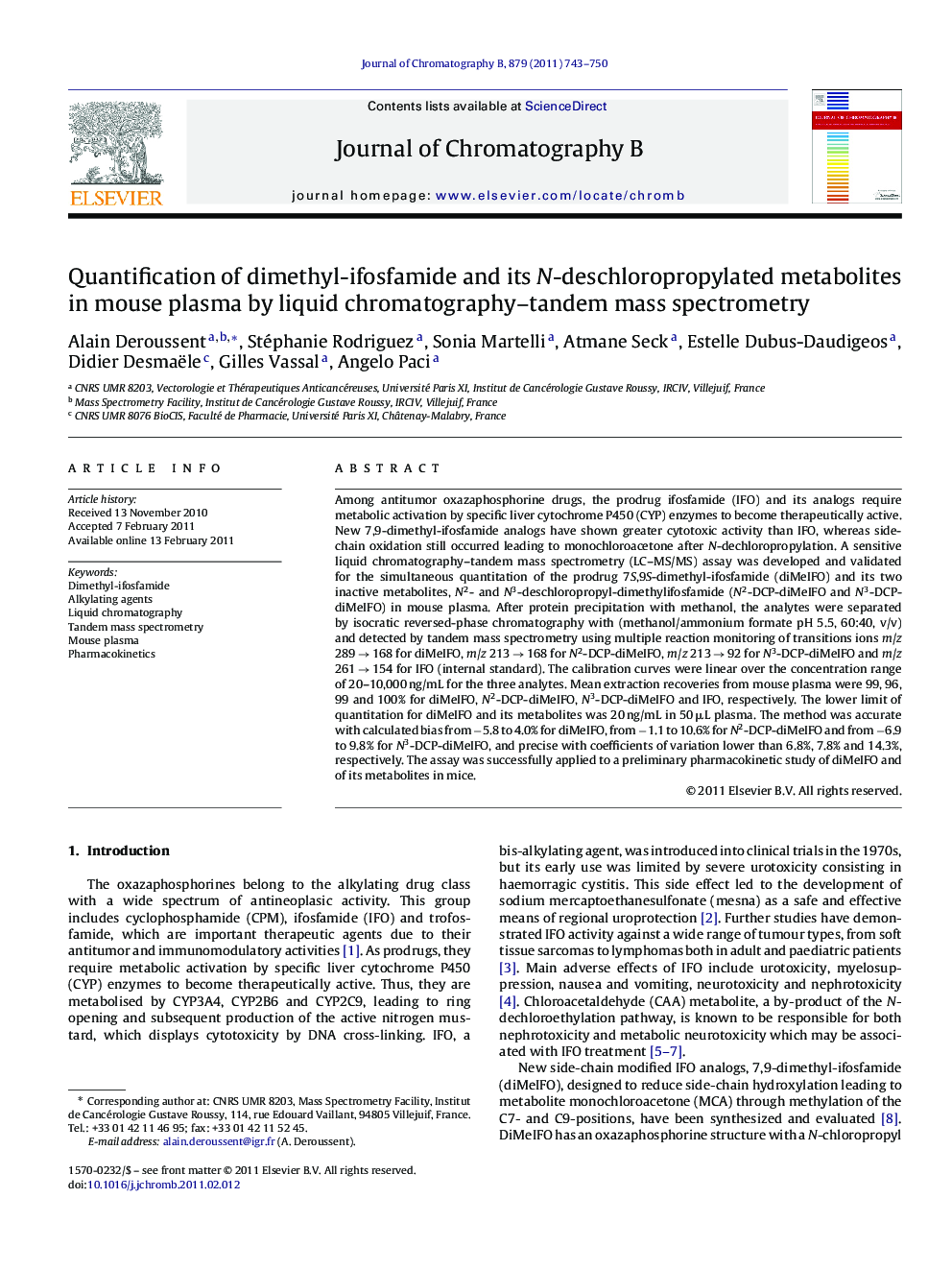 Quantification of dimethyl-ifosfamide and its N-deschloropropylated metabolites in mouse plasma by liquid chromatography–tandem mass spectrometry