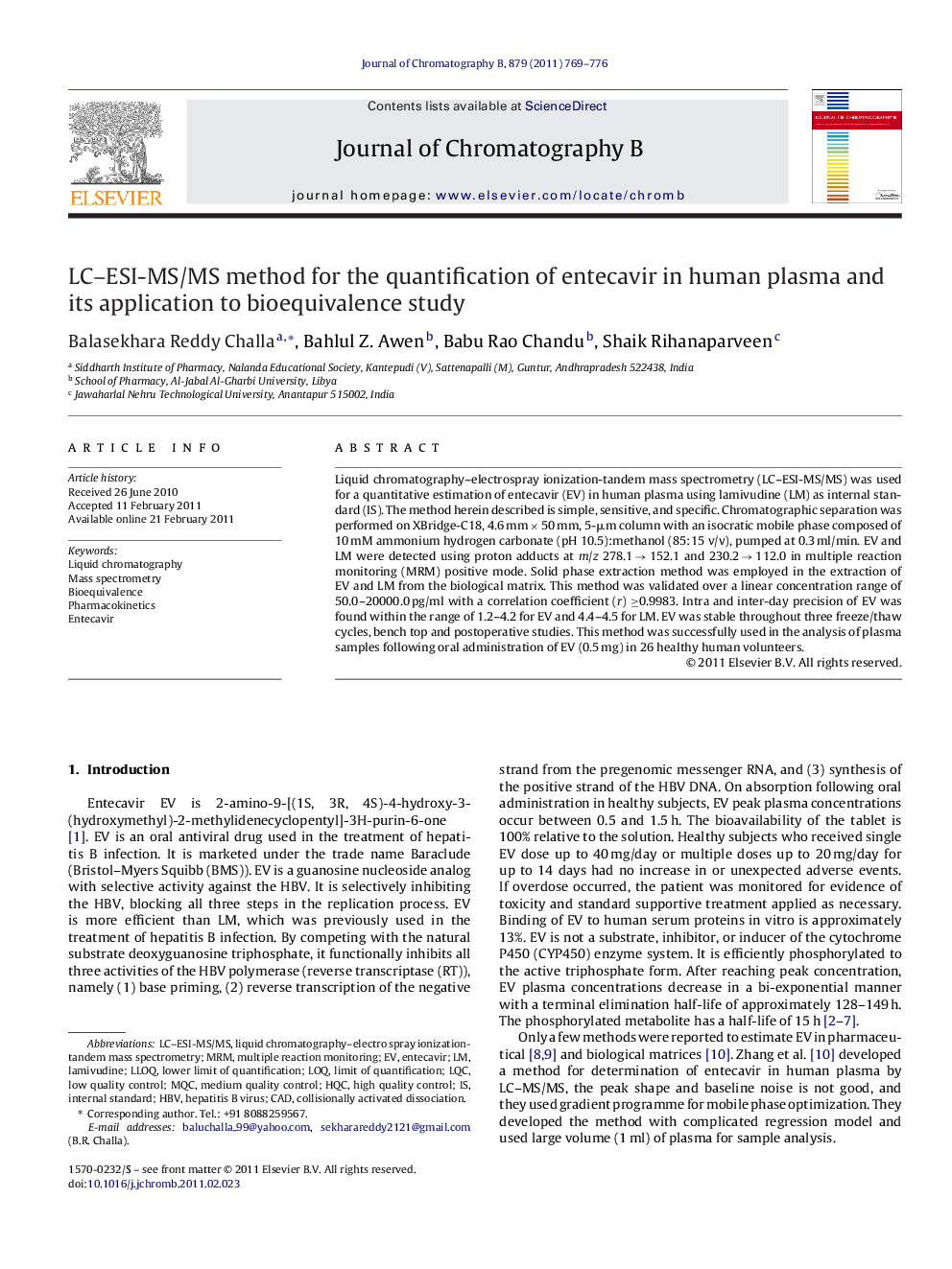 LC–ESI-MS/MS method for the quantification of entecavir in human plasma and its application to bioequivalence study