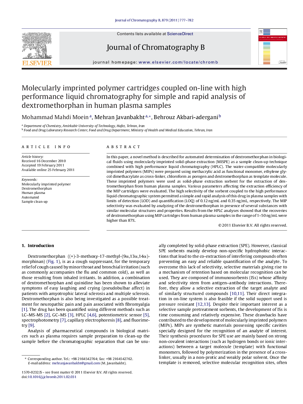 Molecularly imprinted polymer cartridges coupled on-line with high performance liquid chromatography for simple and rapid analysis of dextromethorphan in human plasma samples