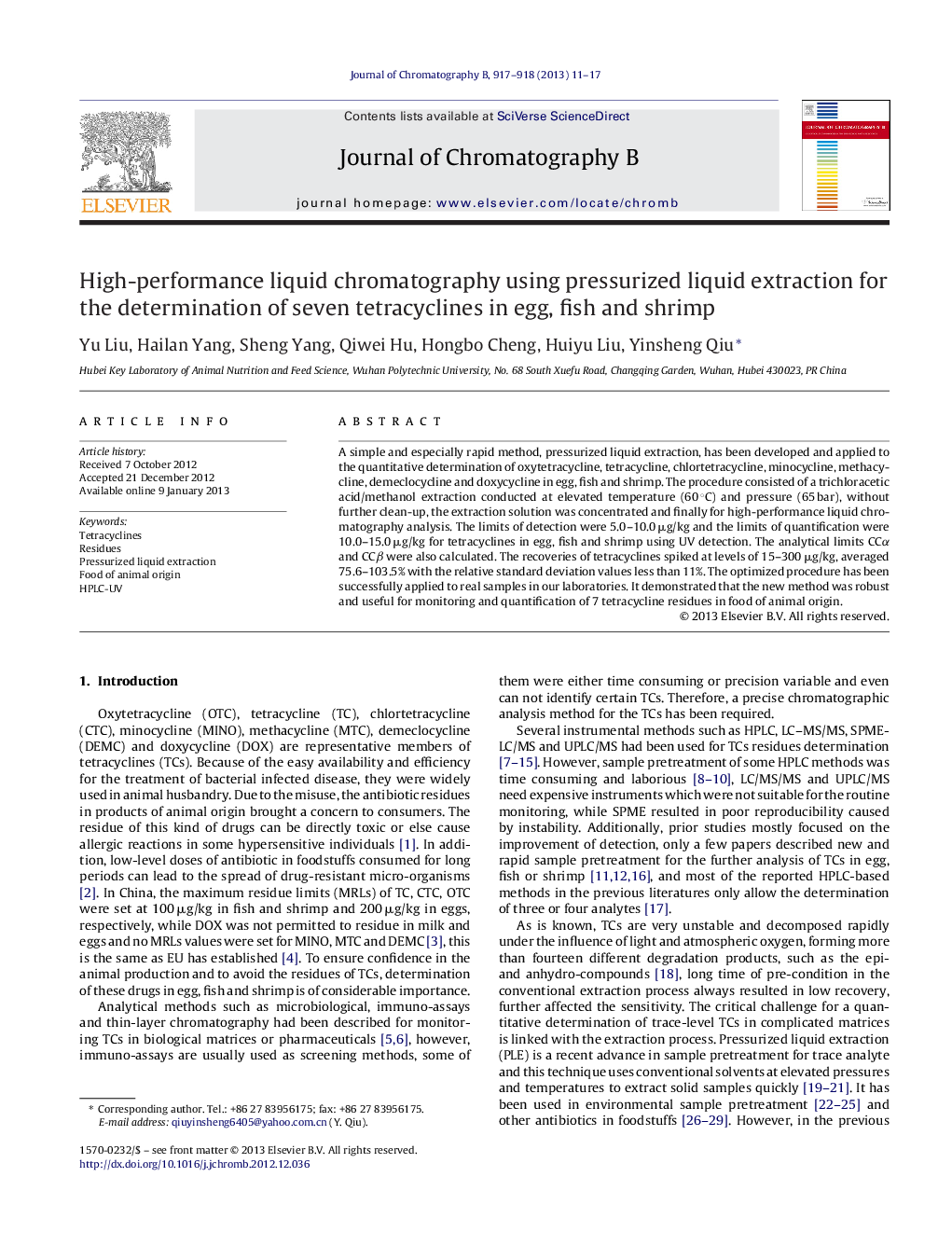 High-performance liquid chromatography using pressurized liquid extraction for the determination of seven tetracyclines in egg, fish and shrimp