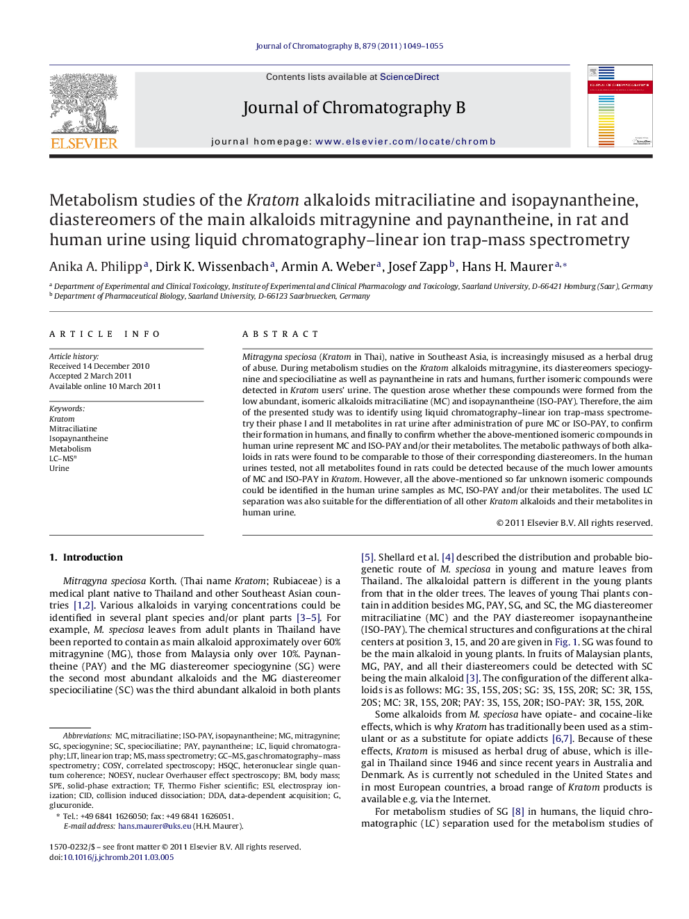 Metabolism studies of the Kratom alkaloids mitraciliatine and isopaynantheine, diastereomers of the main alkaloids mitragynine and paynantheine, in rat and human urine using liquid chromatography–linear ion trap-mass spectrometry