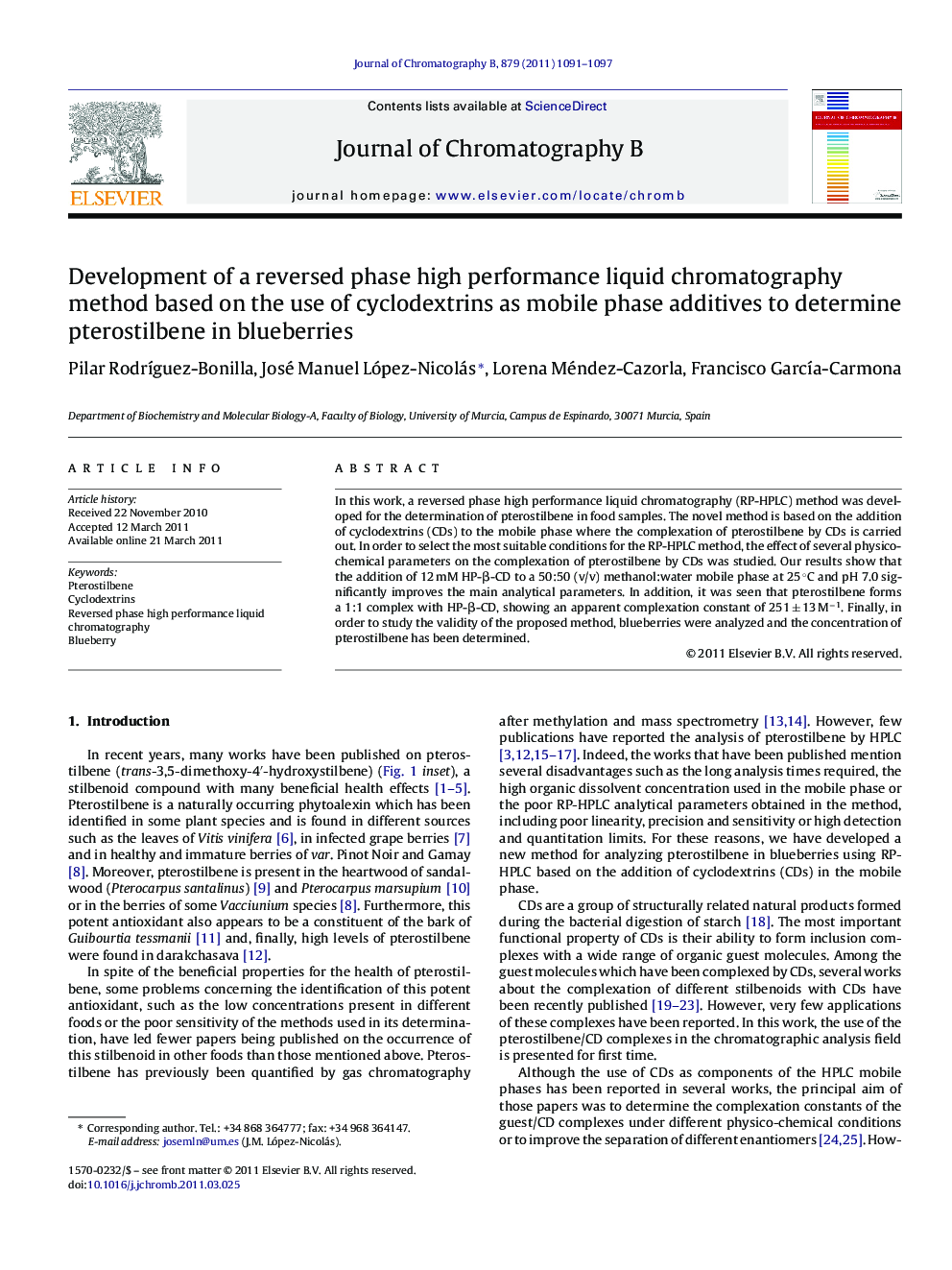 Development of a reversed phase high performance liquid chromatography method based on the use of cyclodextrins as mobile phase additives to determine pterostilbene in blueberries