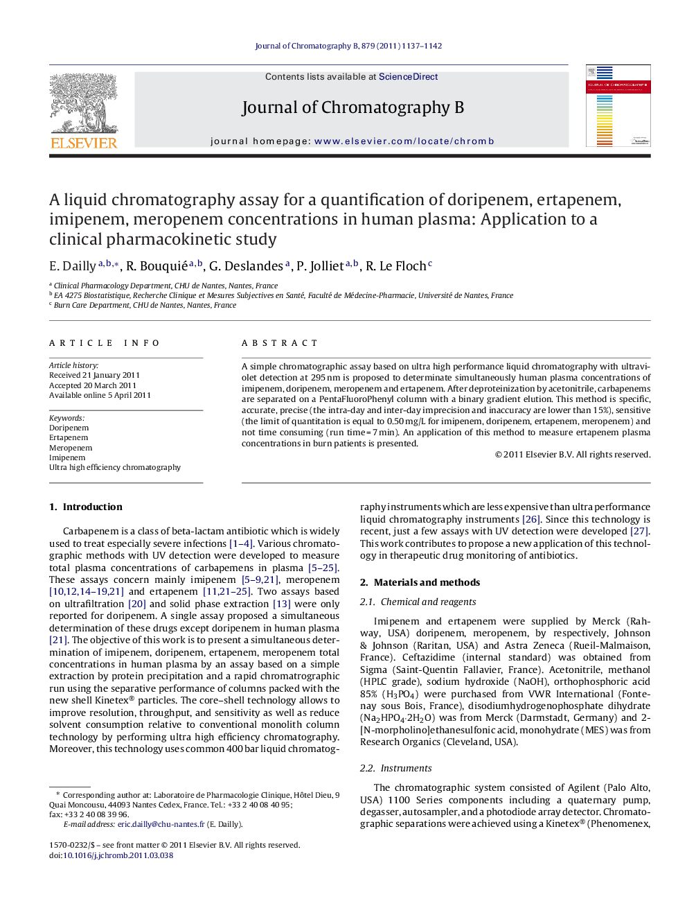 A liquid chromatography assay for a quantification of doripenem, ertapenem, imipenem, meropenem concentrations in human plasma: Application to a clinical pharmacokinetic study