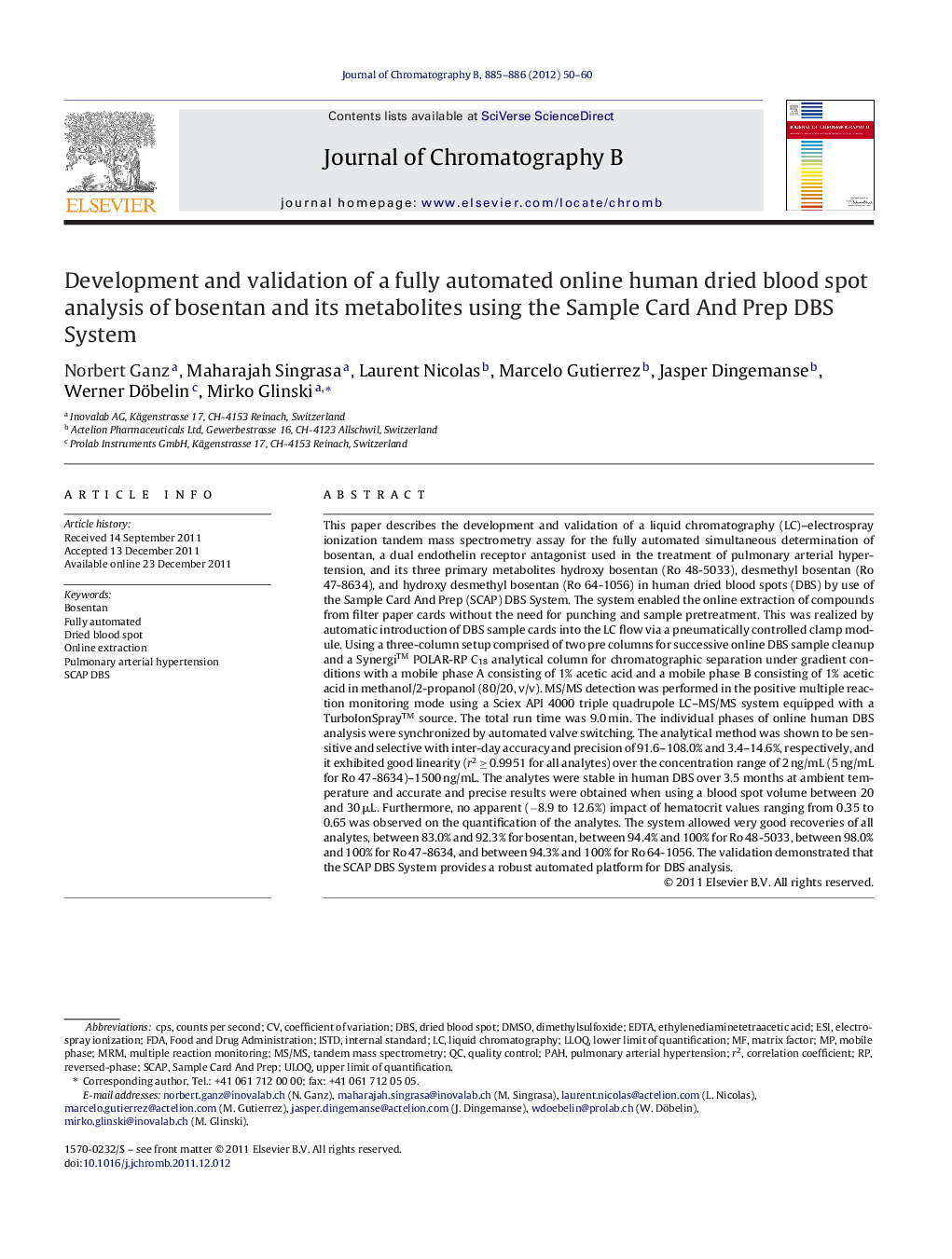 Development and validation of a fully automated online human dried blood spot analysis of bosentan and its metabolites using the Sample Card And Prep DBS System