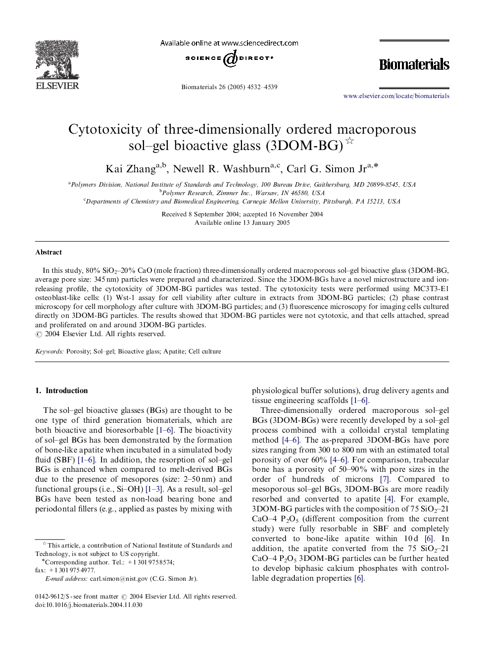 Cytotoxicity of three-dimensionally ordered macroporous sol–gel bioactive glass (3DOM-BG) 