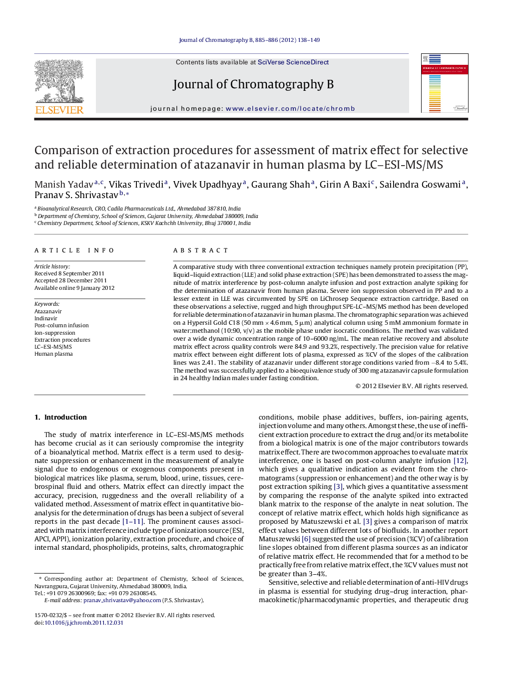 Comparison of extraction procedures for assessment of matrix effect for selective and reliable determination of atazanavir in human plasma by LC–ESI-MS/MS