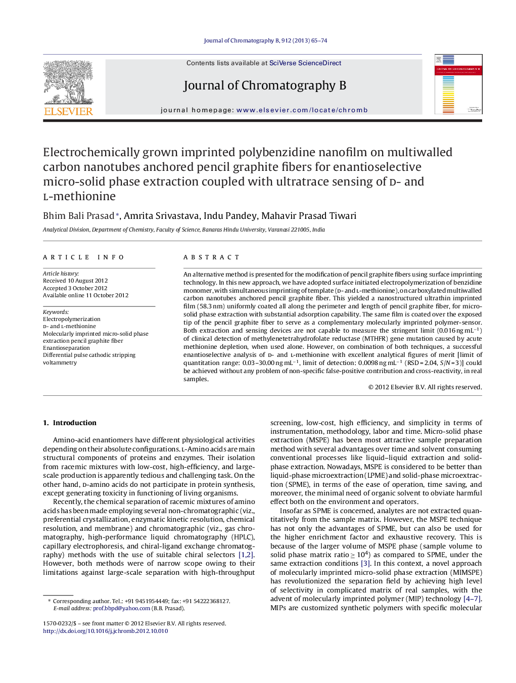 عکس صفحه اول مقاله: Electrochemically grown imprinted polybenzidine nanofilm on multiwalled carbon nanotubes anchored pencil graphite fibers for enantioselective micro-solid phase extraction coupled with ultratrace sensing of d- and l-methionine Electrochemically grown imprinted polybenzidine nanofilm on multiwalled carbon nanotubes anchored pencil graphite fibers for enantioselective micro-solid phase extraction coupled with ultratrace sensing of d- and l-methionine
