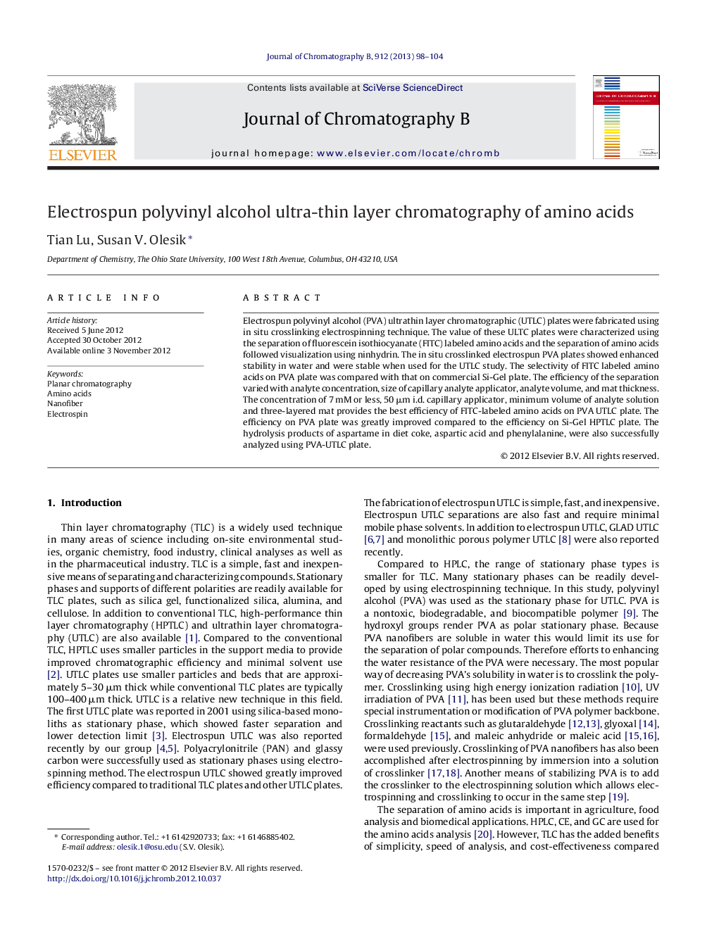 Electrospun polyvinyl alcohol ultra-thin layer chromatography of amino acids