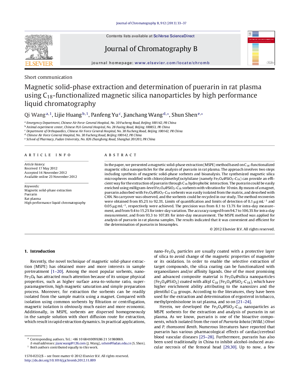 Magnetic solid-phase extraction and determination of puerarin in rat plasma using C18-functionalized magnetic silica nanoparticles by high performance liquid chromatography