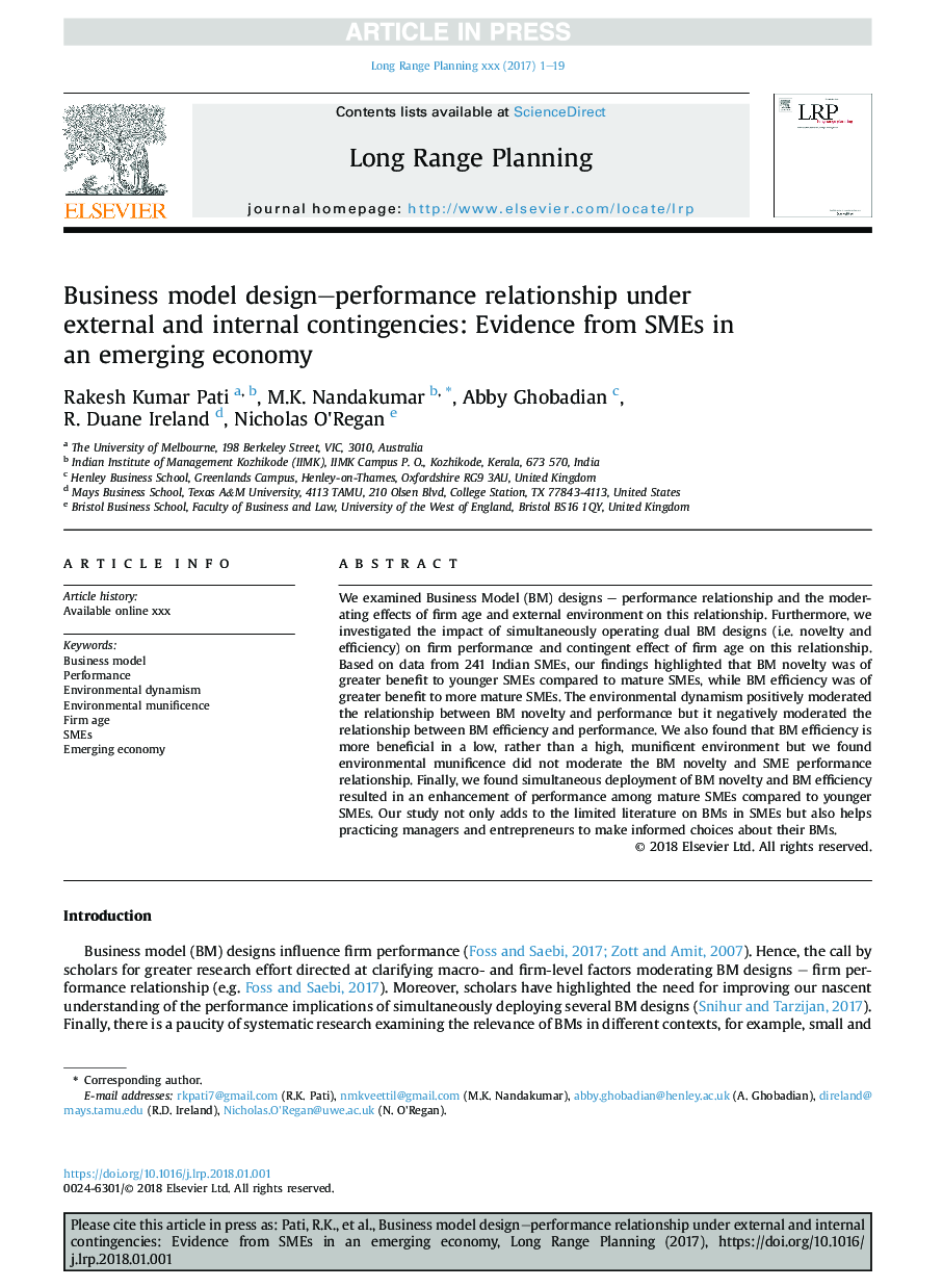 Business model design-performance relationship under external and internal contingencies: Evidence from SMEs in an emerging economy