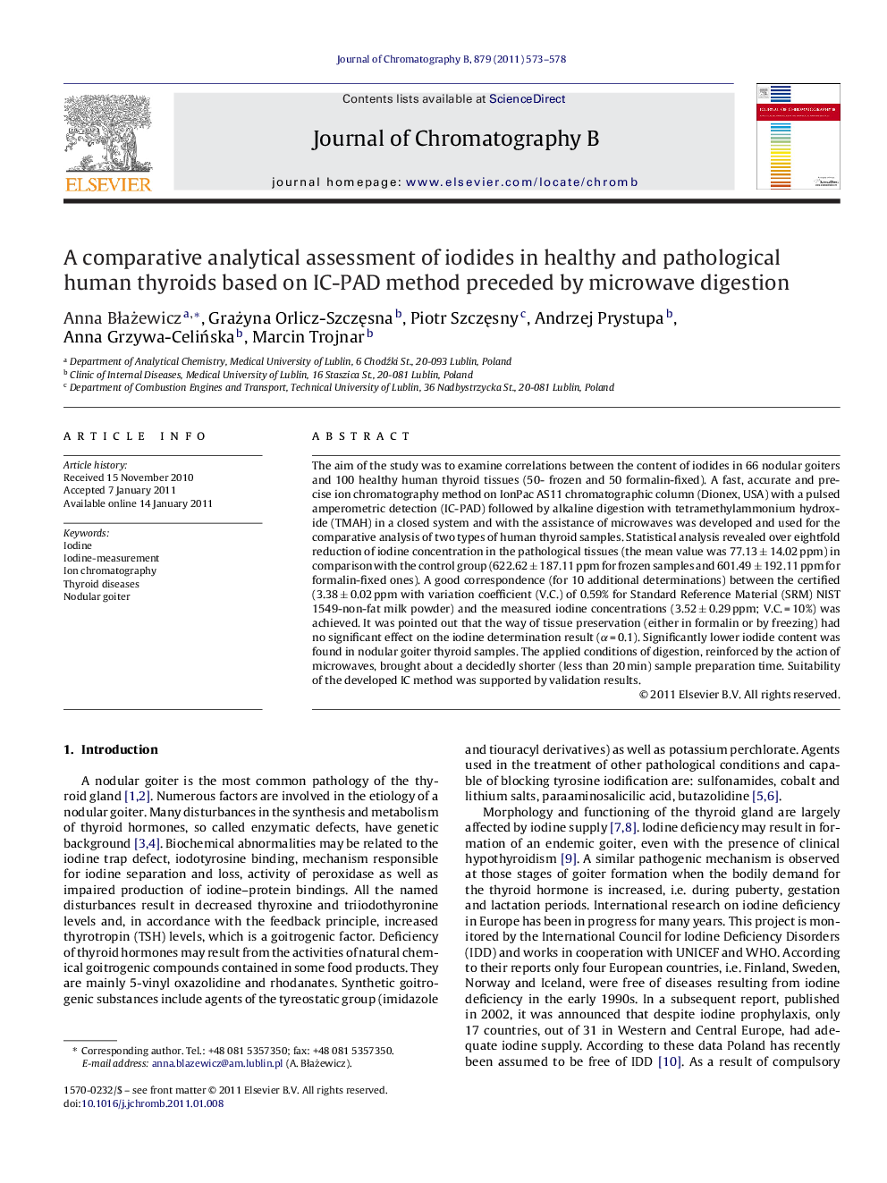 عکس صفحه اول مقاله: A comparative analytical assessment of iodides in healthy and pathological human thyroids based on IC-PAD method preceded by microwave digestion A comparative analytical assessment of iodides in healthy and pathological human thyroids based on IC-PAD method preceded by microwave digestion