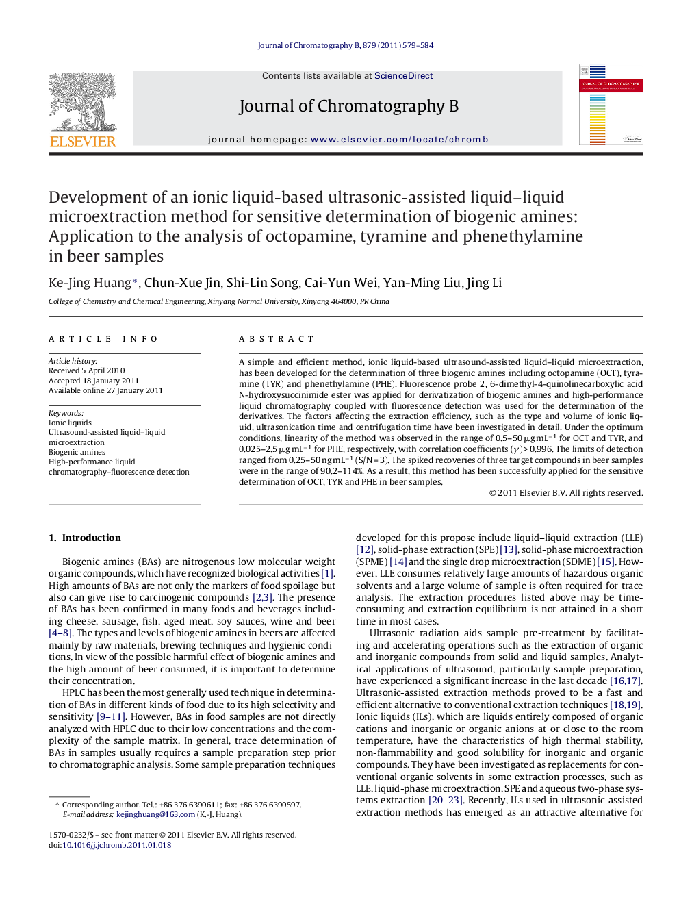 Development of an ionic liquid-based ultrasonic-assisted liquid–liquid microextraction method for sensitive determination of biogenic amines: Application to the analysis of octopamine, tyramine and phenethylamine in beer samples