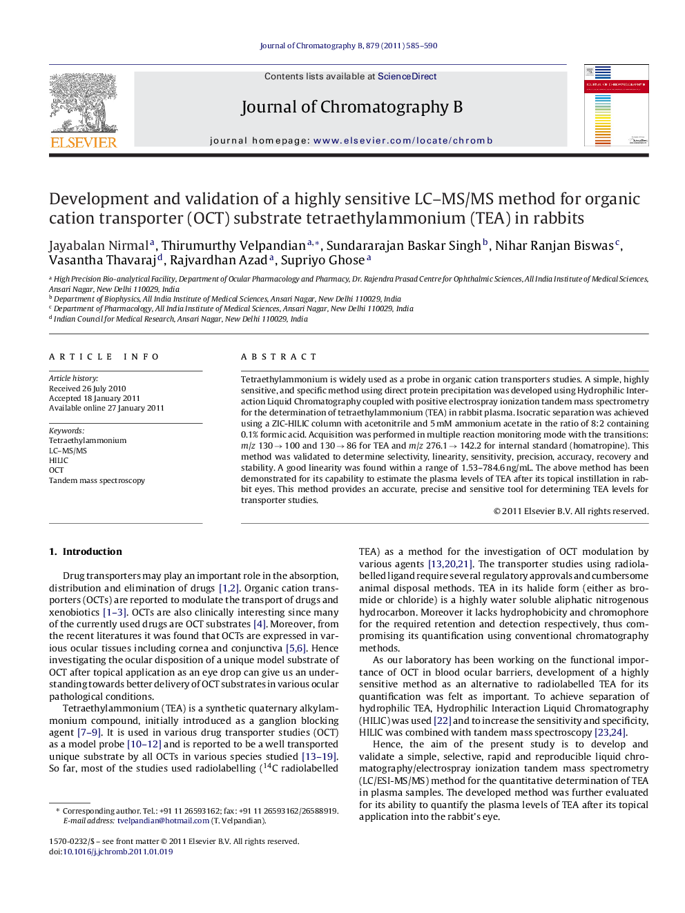 Development and validation of a highly sensitive LC–MS/MS method for organic cation transporter (OCT) substrate tetraethylammonium (TEA) in rabbits