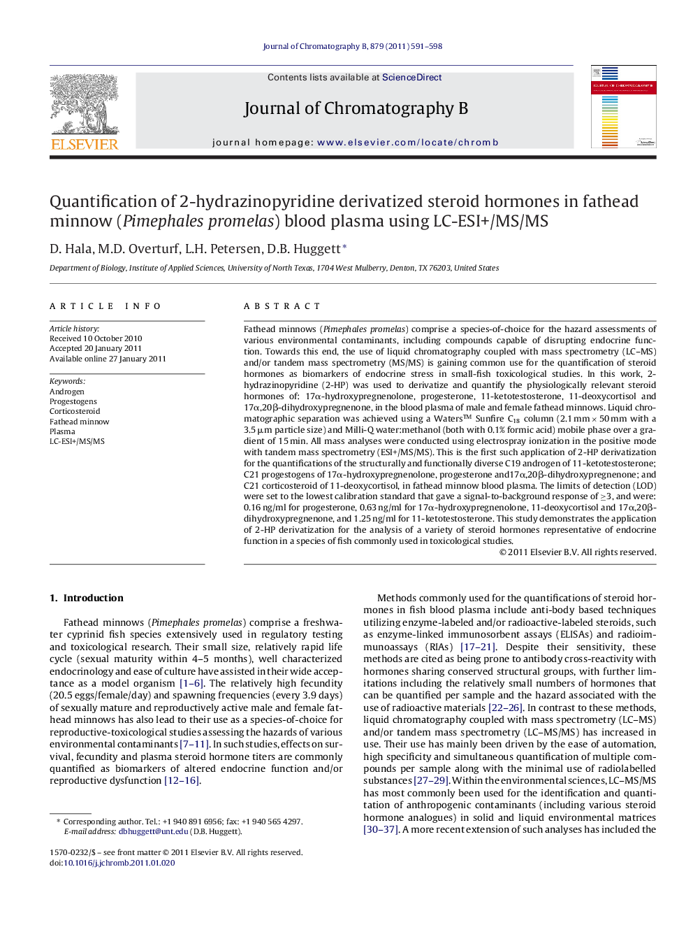 Quantification of 2-hydrazinopyridine derivatized steroid hormones in fathead minnow (Pimephales promelas) blood plasma using LC-ESI+/MS/MS