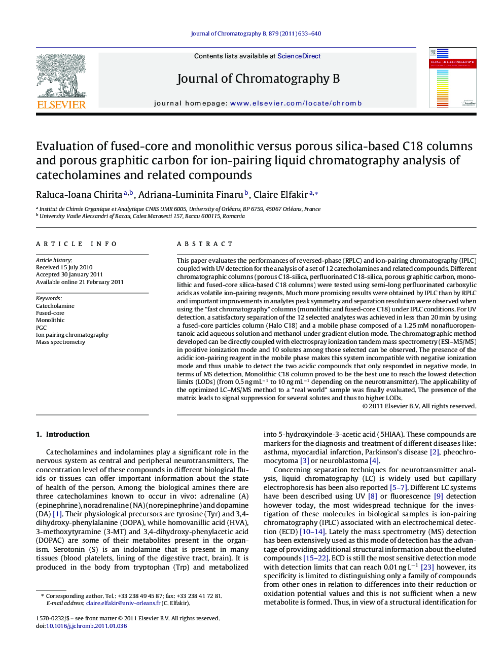 Evaluation of fused-core and monolithic versus porous silica-based C18 columns and porous graphitic carbon for ion-pairing liquid chromatography analysis of catecholamines and related compounds