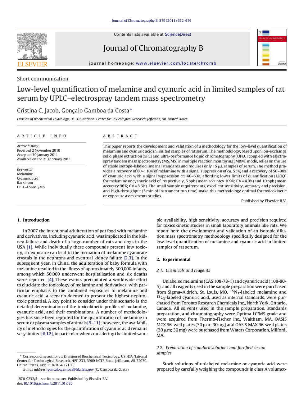 Low-level quantification of melamine and cyanuric acid in limited samples of rat serum by UPLC–electrospray tandem mass spectrometry