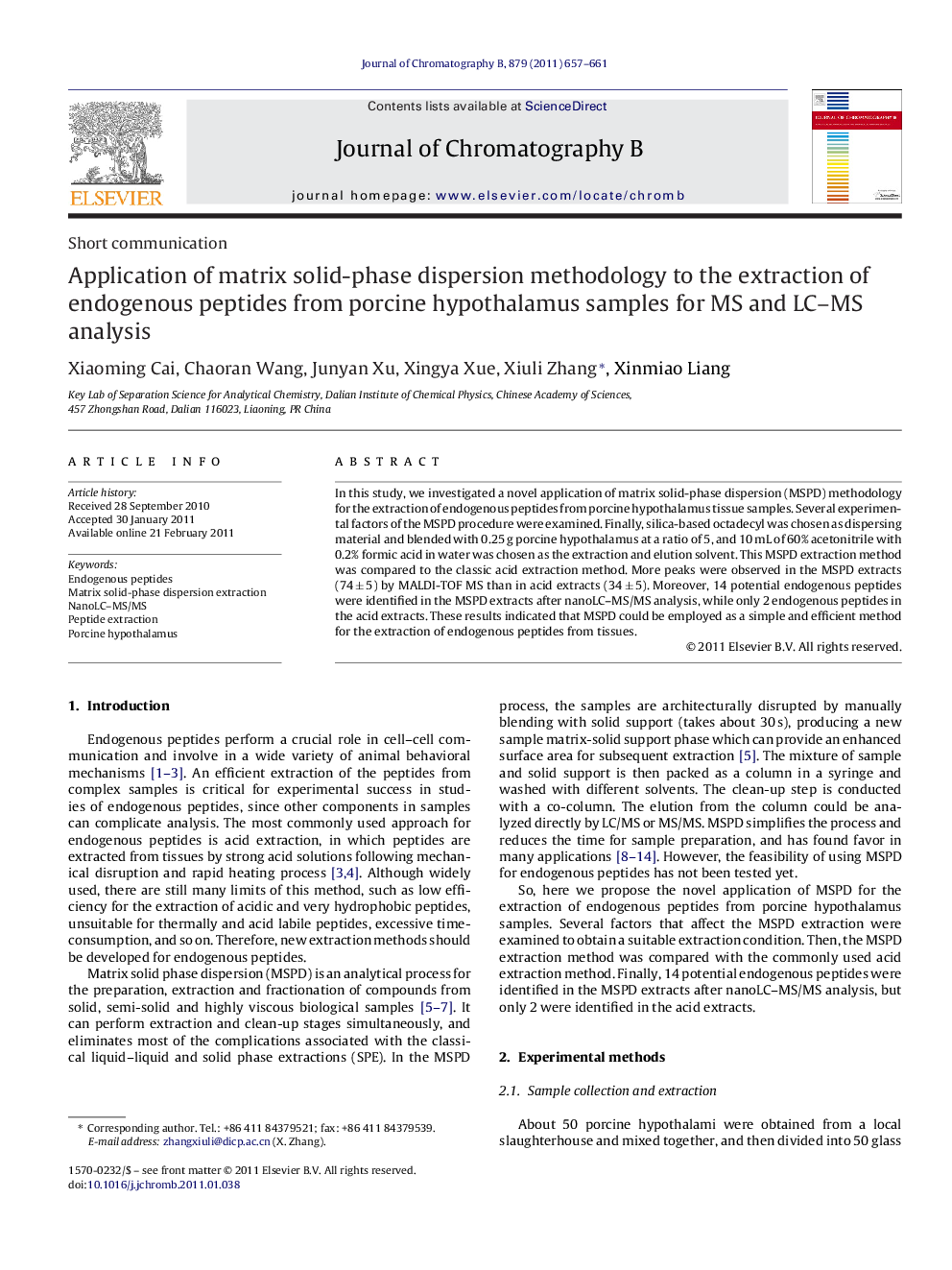 Application of matrix solid-phase dispersion methodology to the extraction of endogenous peptides from porcine hypothalamus samples for MS and LC–MS analysis