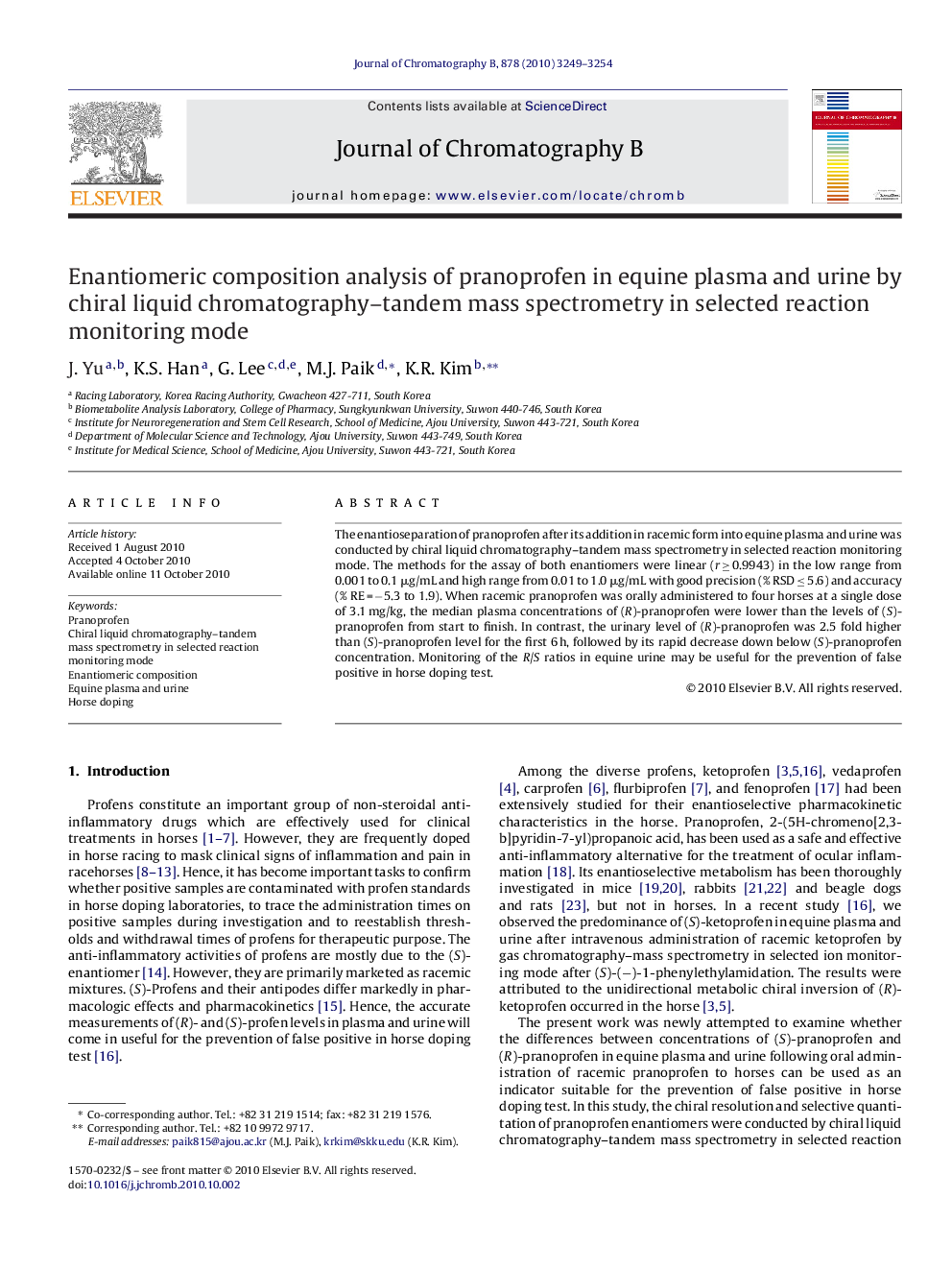 Enantiomeric composition analysis of pranoprofen in equine plasma and urine by chiral liquid chromatography–tandem mass spectrometry in selected reaction monitoring mode