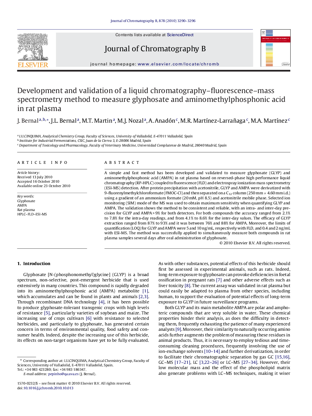 Development and validation of a liquid chromatography–fluorescence–mass spectrometry method to measure glyphosate and aminomethylphosphonic acid in rat plasma