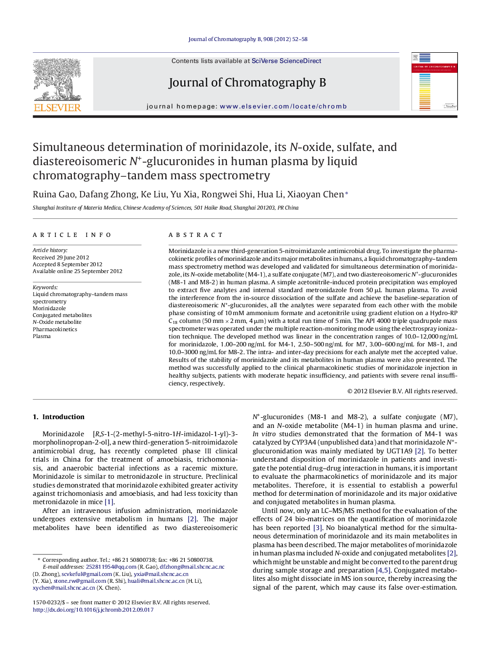 Simultaneous determination of morinidazole, its N-oxide, sulfate, and diastereoisomeric N+-glucuronides in human plasma by liquid chromatography–tandem mass spectrometry