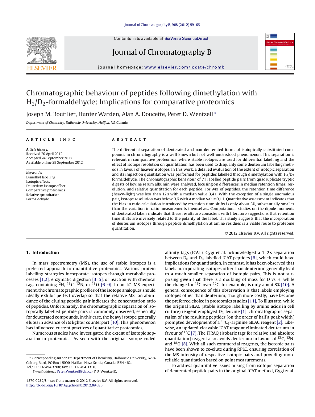 Chromatographic behaviour of peptides following dimethylation with H2/D2-formaldehyde: Implications for comparative proteomics