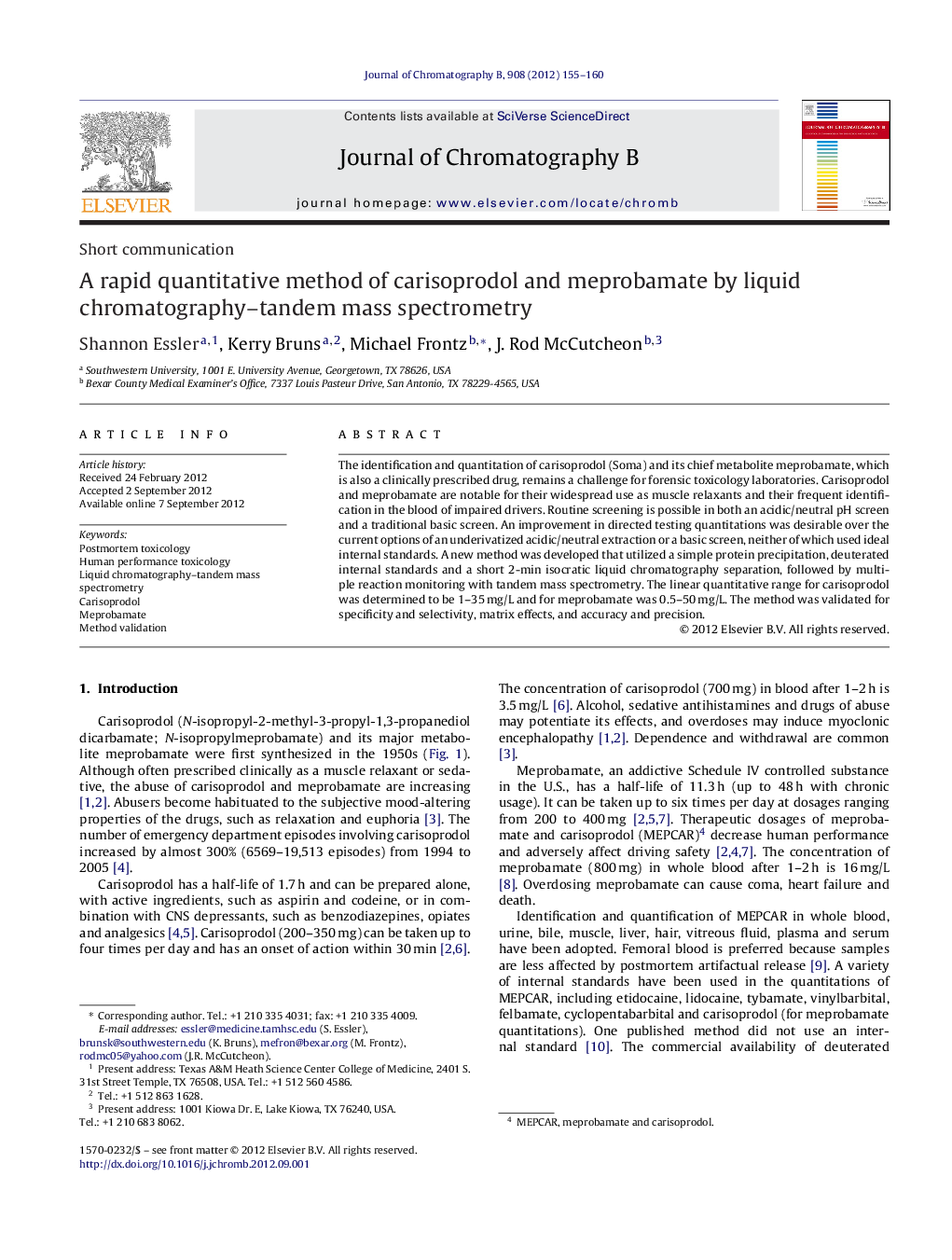 A rapid quantitative method of carisoprodol and meprobamate by liquid chromatography–tandem mass spectrometry