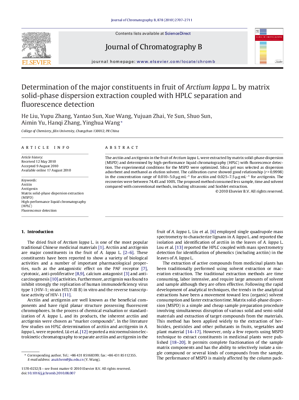 Determination of the major constituents in fruit of Arctium lappa L. by matrix solid-phase dispersion extraction coupled with HPLC separation and fluorescence detection