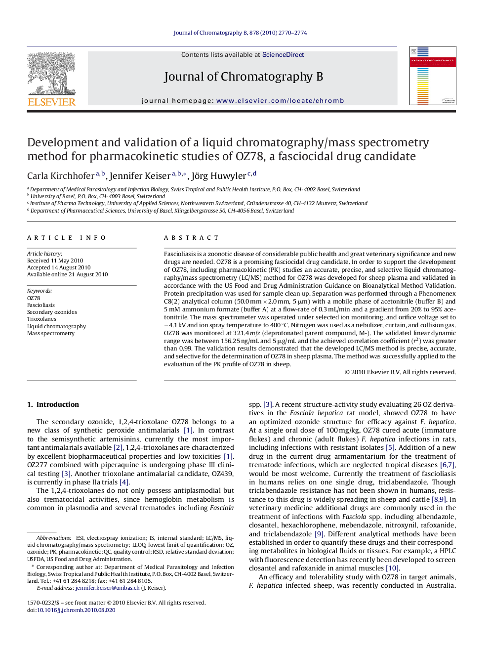 Development and validation of a liquid chromatography/mass spectrometry method for pharmacokinetic studies of OZ78, a fasciocidal drug candidate