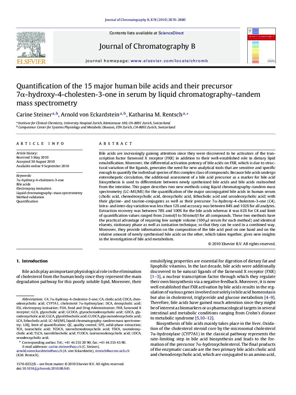 Quantification of the 15 major human bile acids and their precursor 7α-hydroxy-4-cholesten-3-one in serum by liquid chromatography–tandem mass spectrometry