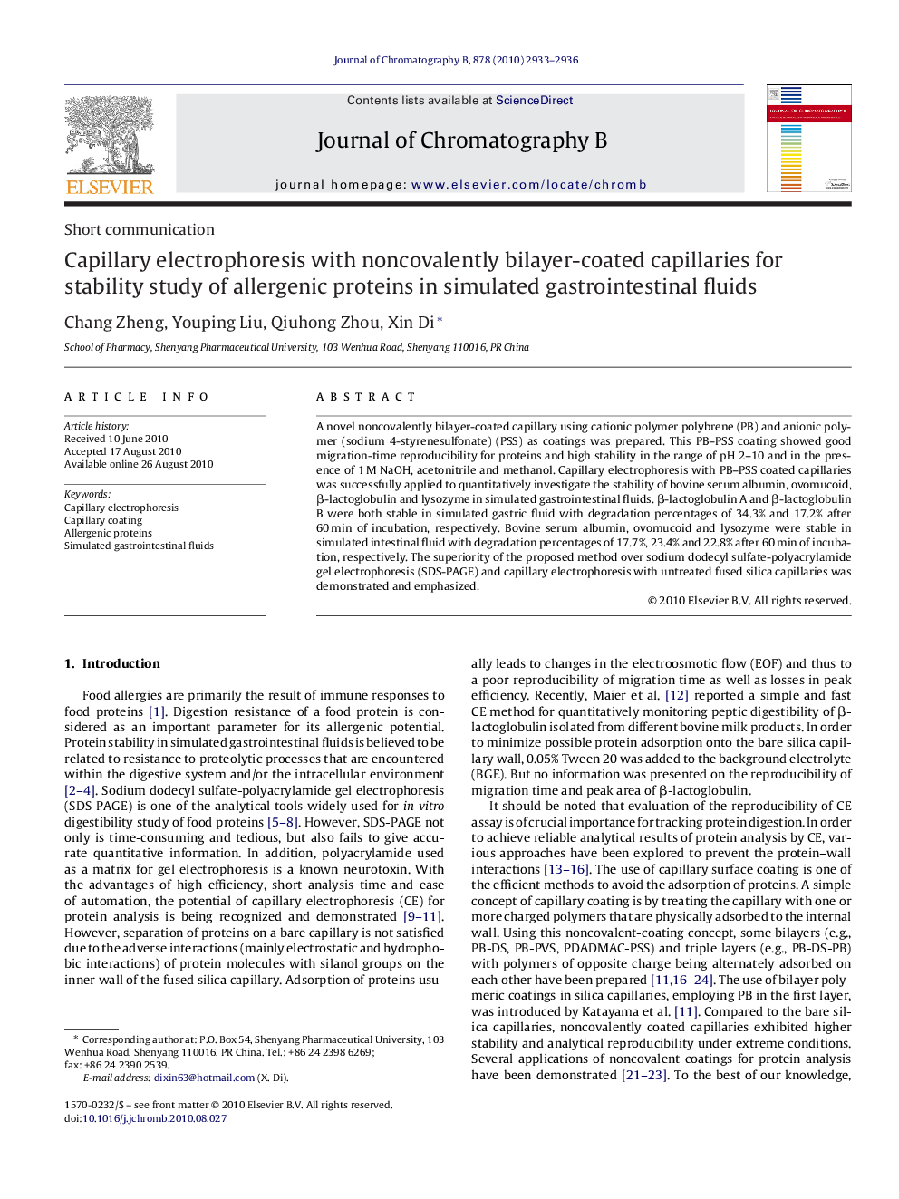 Capillary electrophoresis with noncovalently bilayer-coated capillaries for stability study of allergenic proteins in simulated gastrointestinal fluids