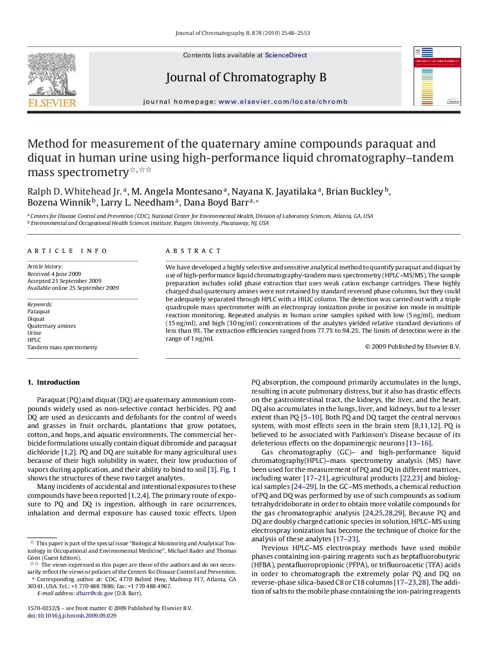 Method for measurement of the quaternary amine compounds paraquat and diquat in human urine using high-performance liquid chromatography–tandem mass spectrometry 