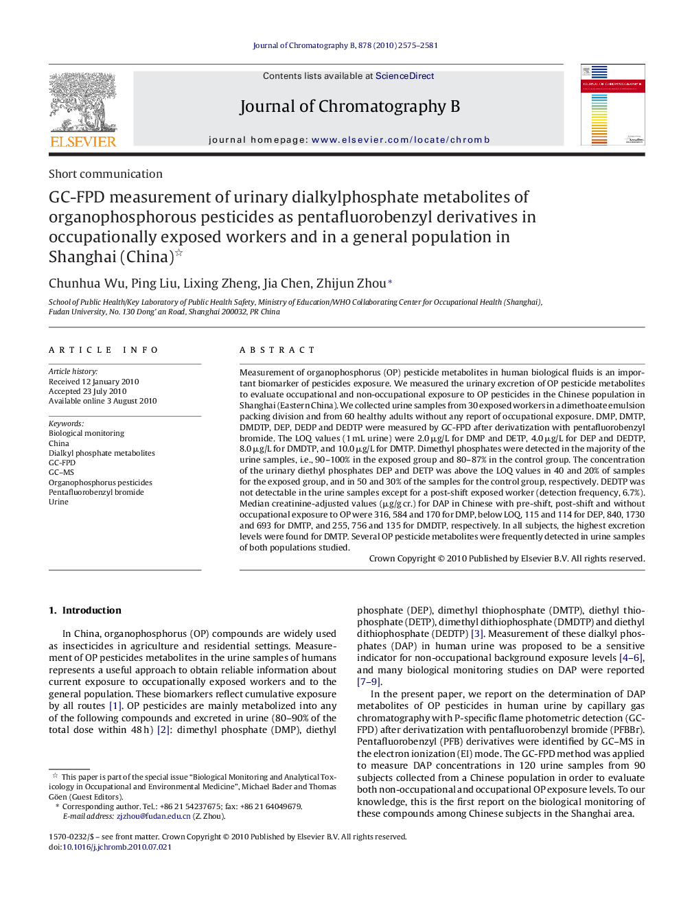 GC-FPD measurement of urinary dialkylphosphate metabolites of organophosphorous pesticides as pentafluorobenzyl derivatives in occupationally exposed workers and in a general population in Shanghai (China) 