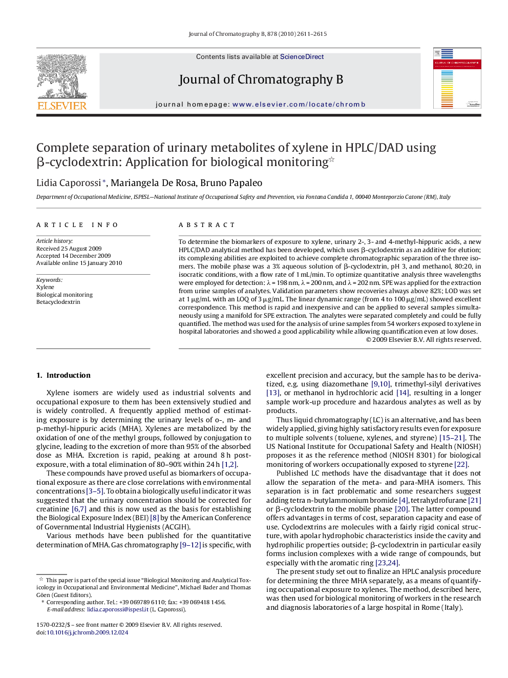 Complete separation of urinary metabolites of xylene in HPLC/DAD using β-cyclodextrin: Application for biological monitoring 