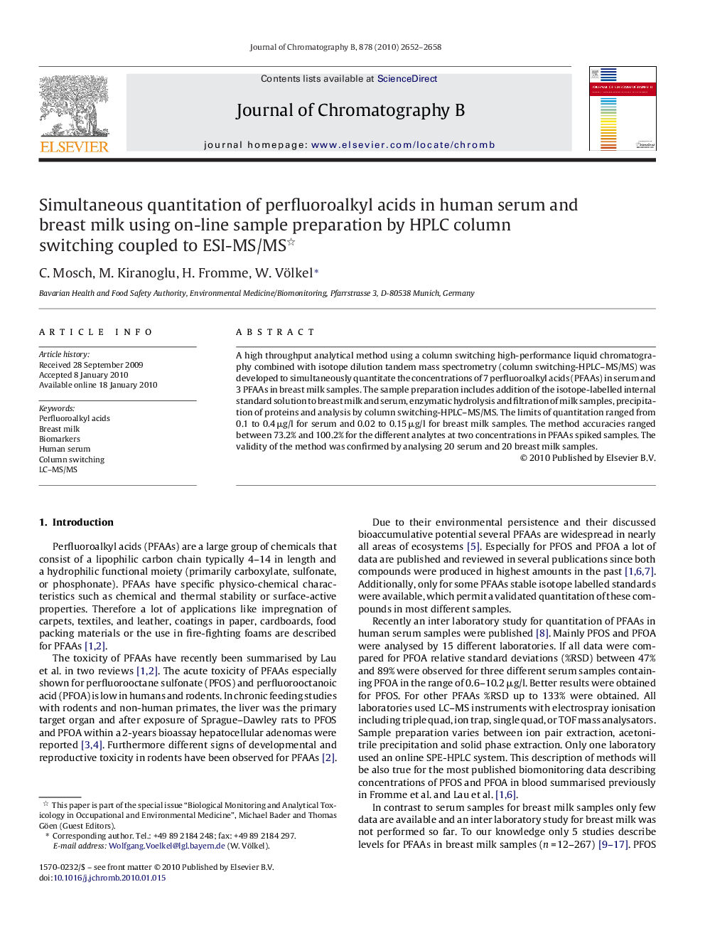 Simultaneous quantitation of perfluoroalkyl acids in human serum and breast milk using on-line sample preparation by HPLC column switching coupled to ESI-MS/MS 